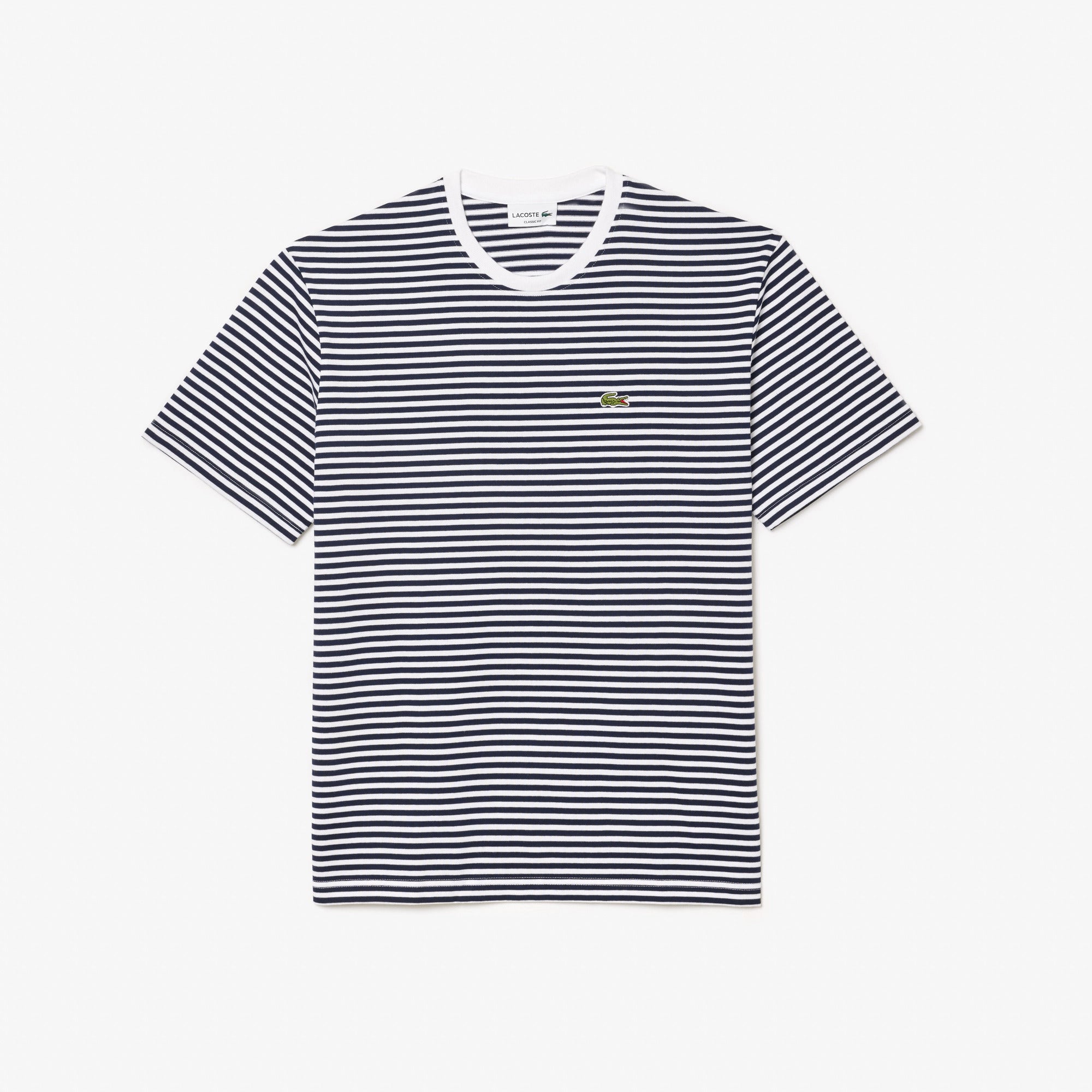 LACOSTE T-Shirt Uomo Righe-Bianco Blu Navy