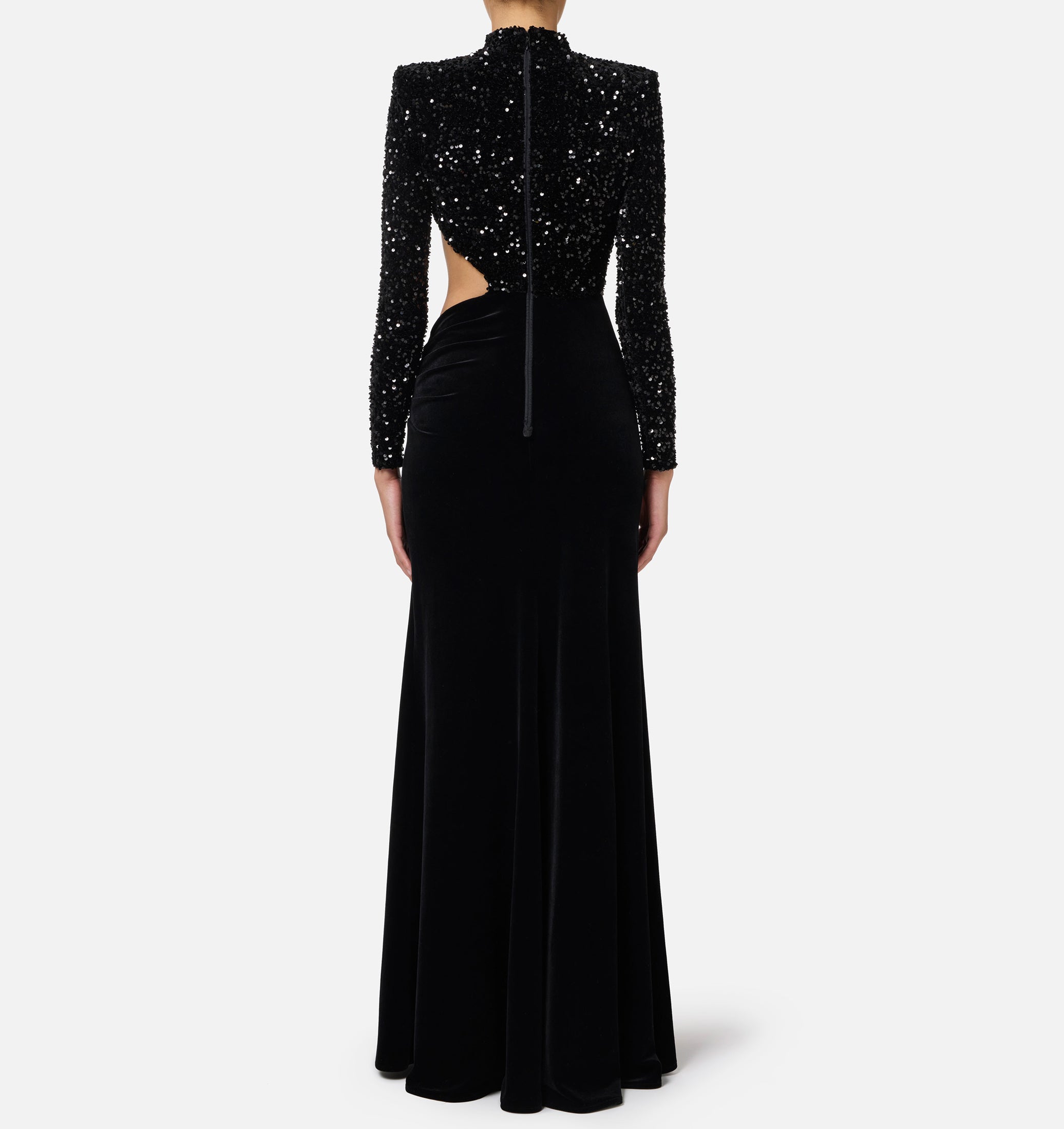 ELISABETTA FRANCHI Abito Lungo Red Carpet Ciniglia Paillettes-Nero