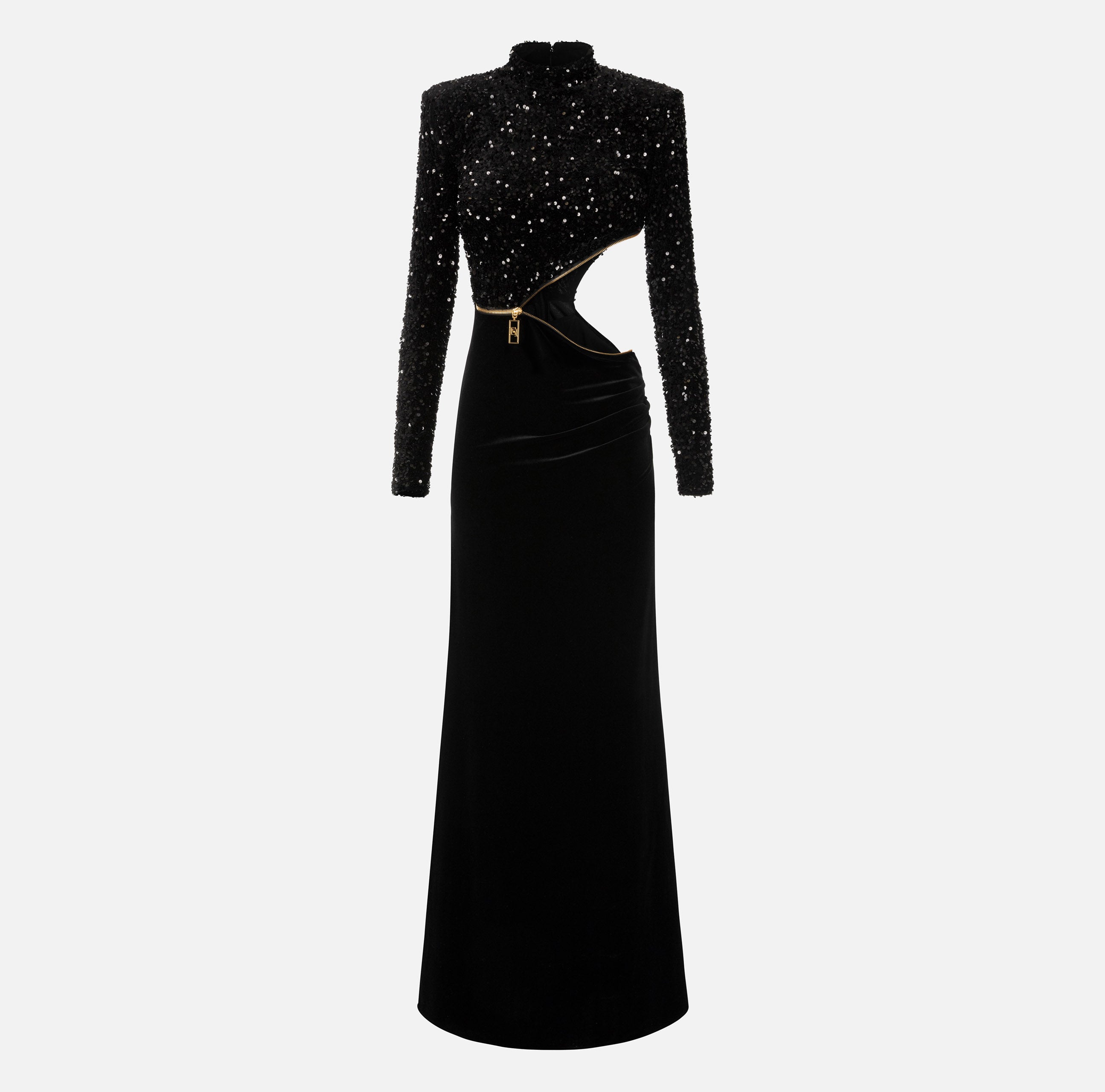 ELISABETTA FRANCHI Abito Lungo Red Carpet Ciniglia Paillettes-Nero