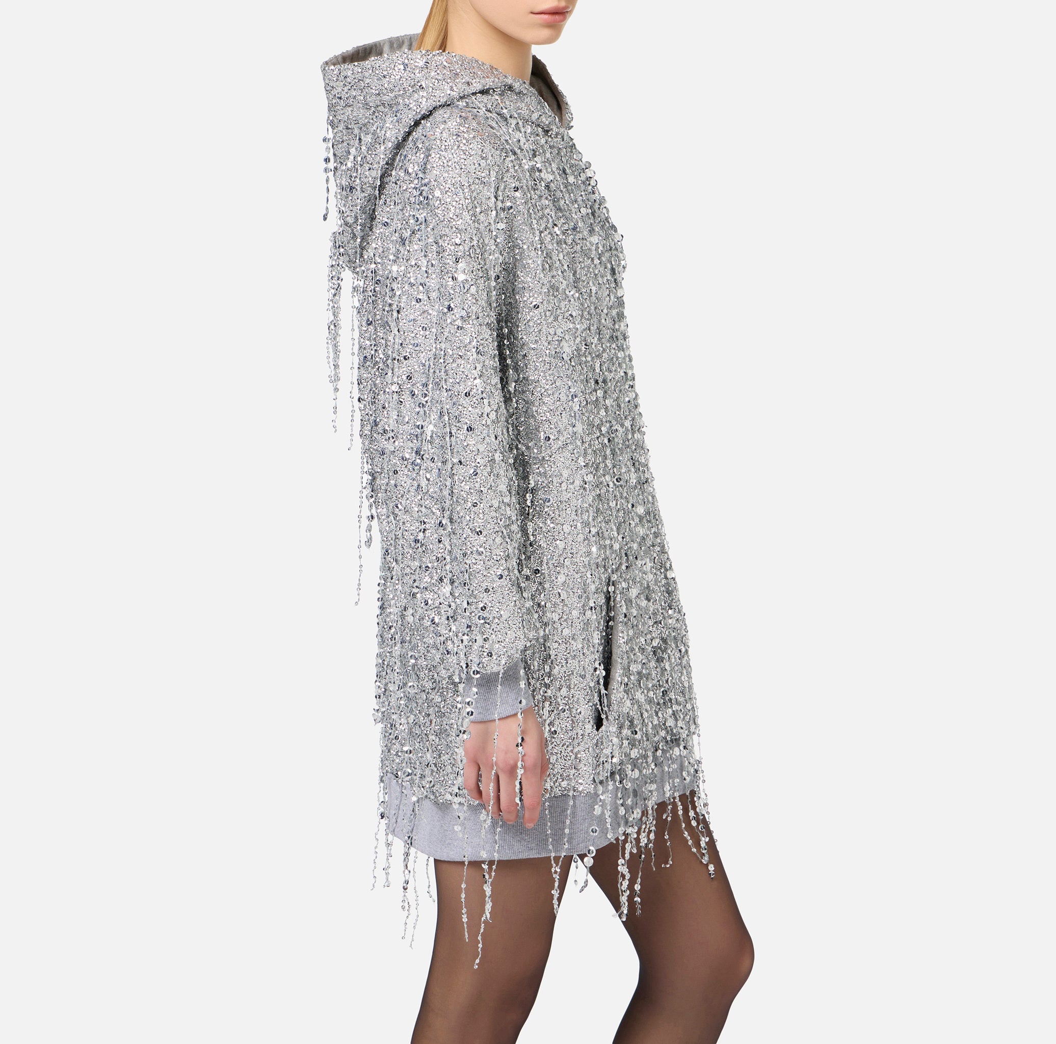 ELISABETTA FRANCHI Abito Felpa Cappuccio Paillettes-Silver Grigio Melange