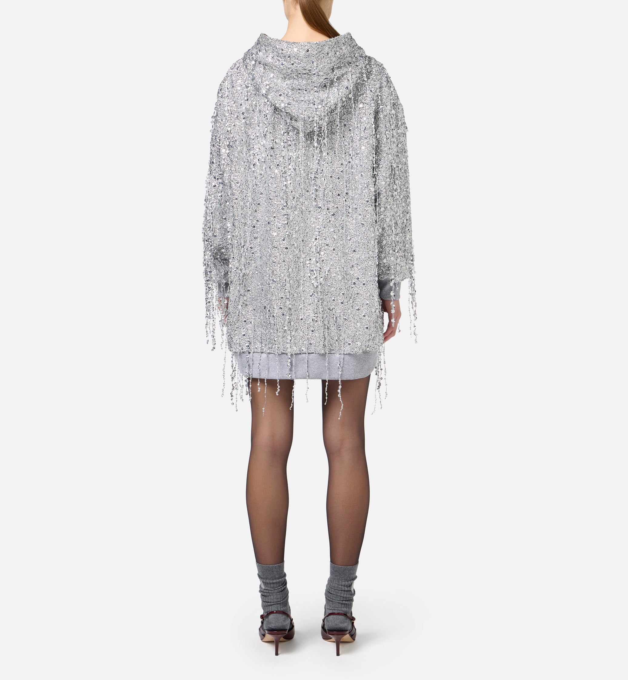 ELISABETTA FRANCHI Abito Felpa Cappuccio Paillettes-Silver Grigio Melange