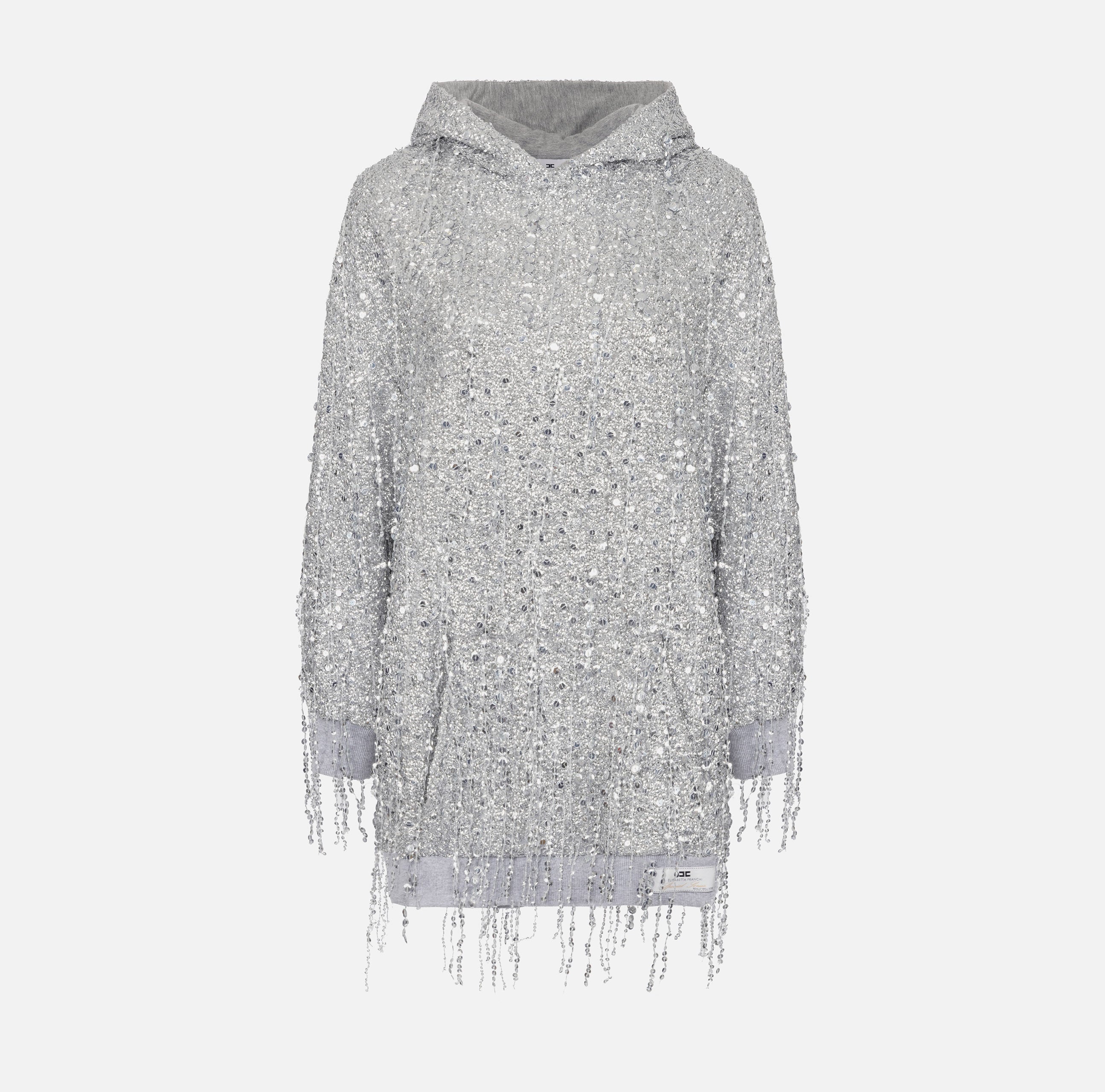 ELISABETTA FRANCHI Abito Felpa Cappuccio Paillettes-Silver Grigio Melange