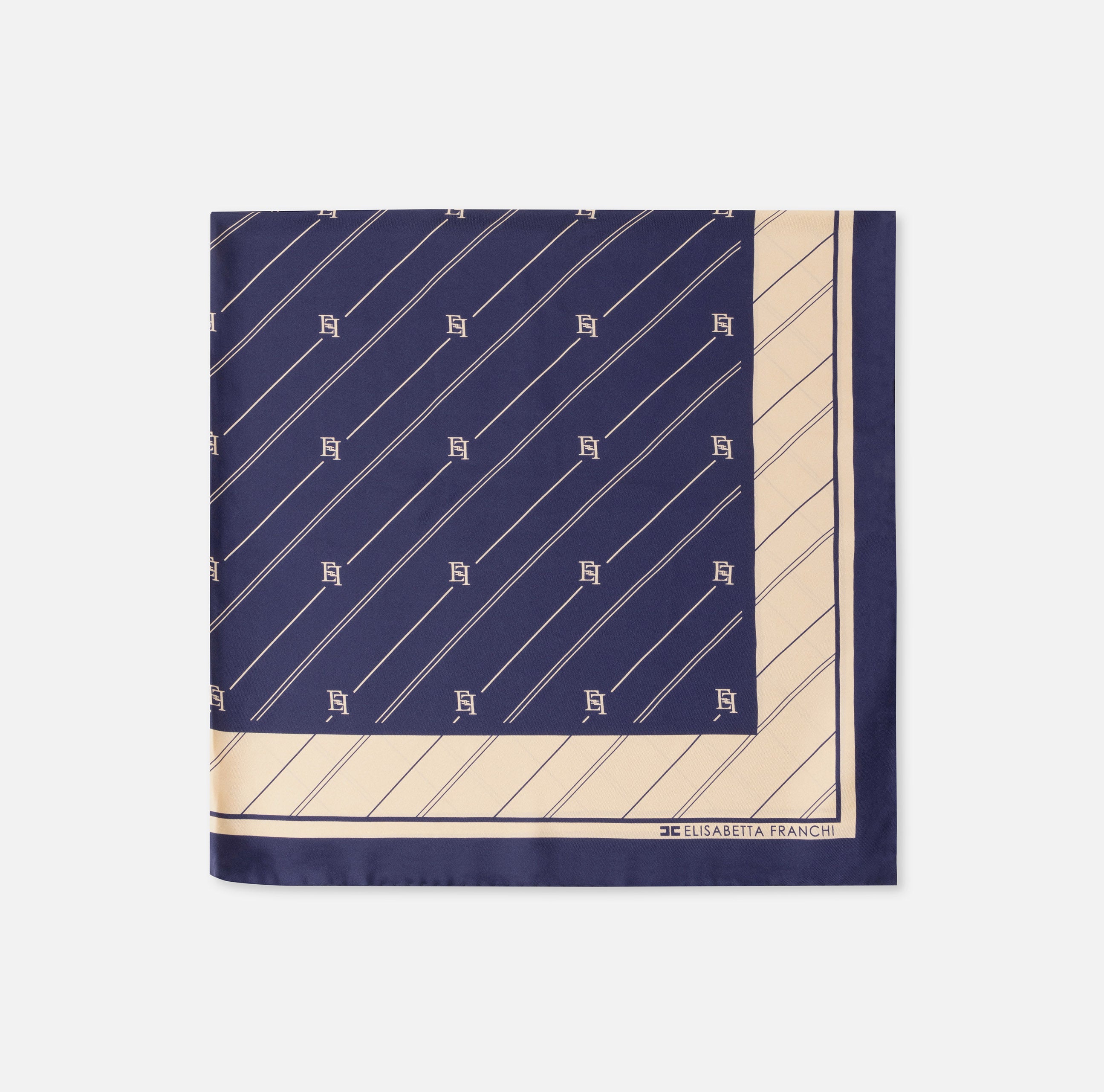 ELISABETTA FRANCHI Foulard Logo All Over-Navy Crema