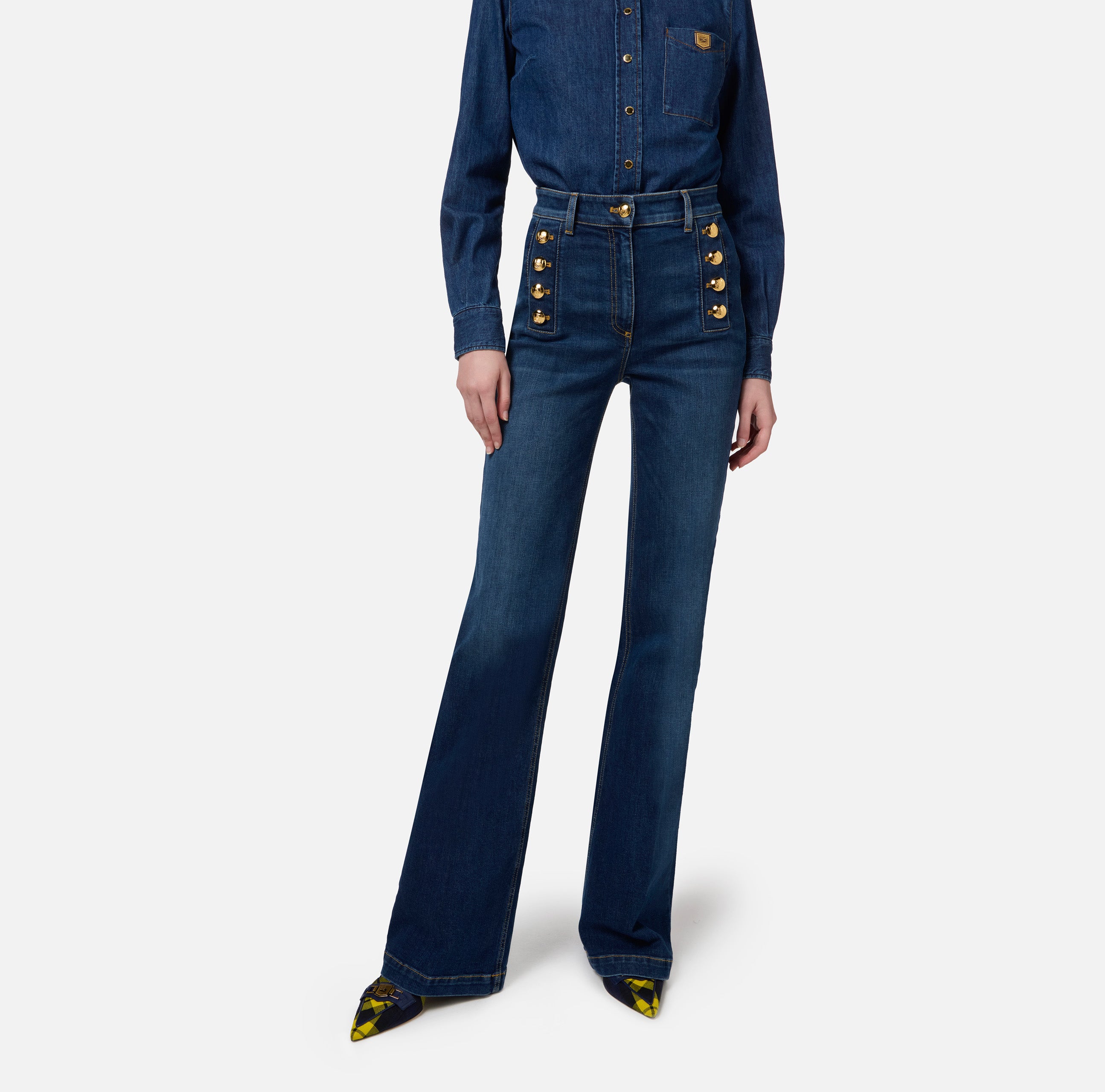 ELISABETTA FRANCHI Jeans Zampa Bottoni Laterali-Blue Denim