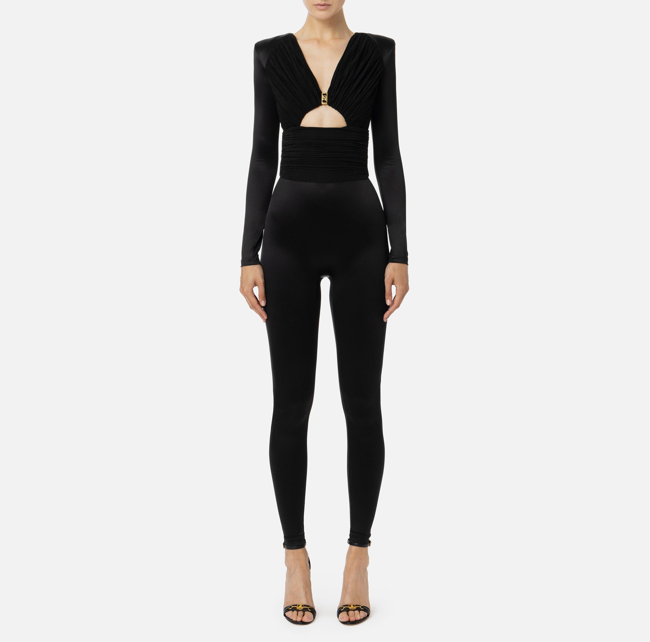 ELISABETTA FRANCHI Tuta Lycra Inserti Plissé-Nero