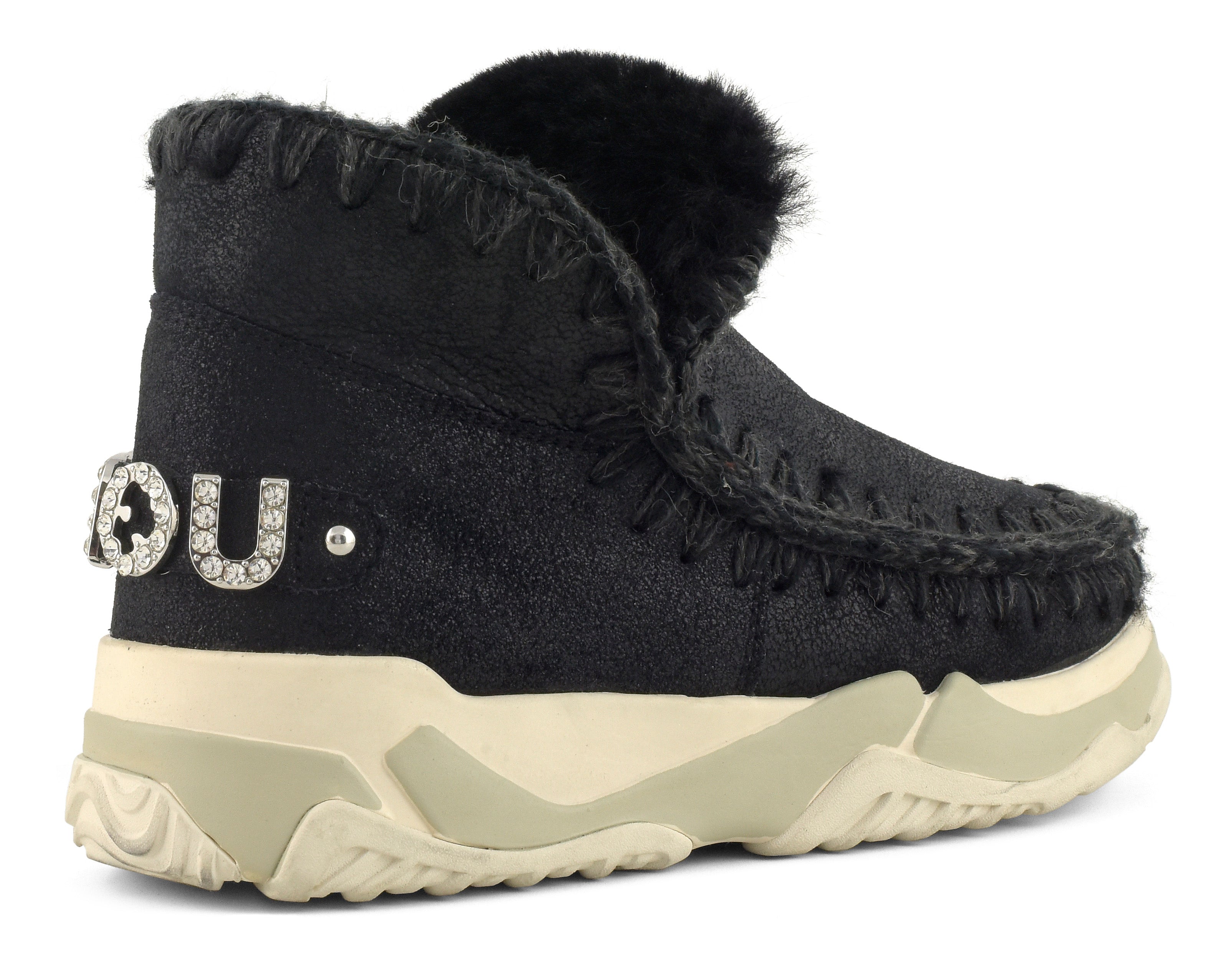 MOU Stivaletto Donna Eskimo Trainer Rhinestone Logo-Cracked Black