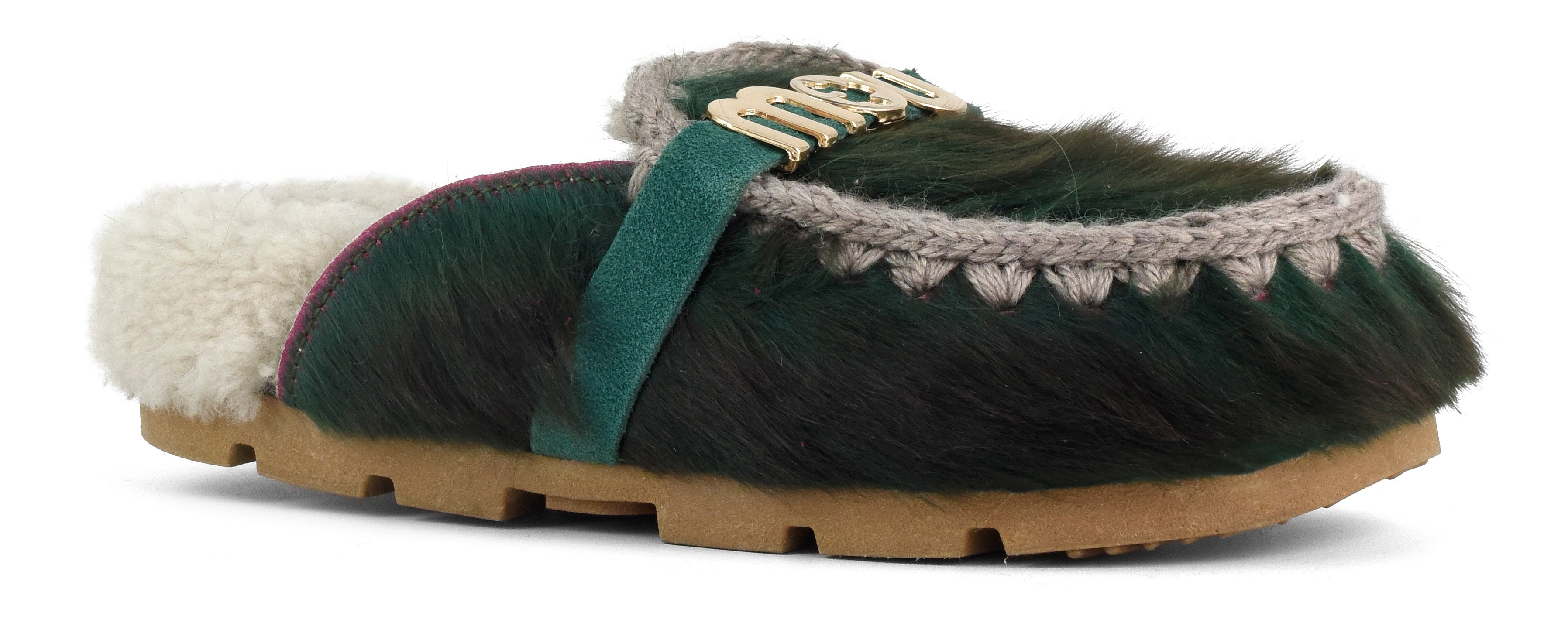 MOU Ciabatta Donna Winter Bio Slide Long Hair Ponyskin-Green