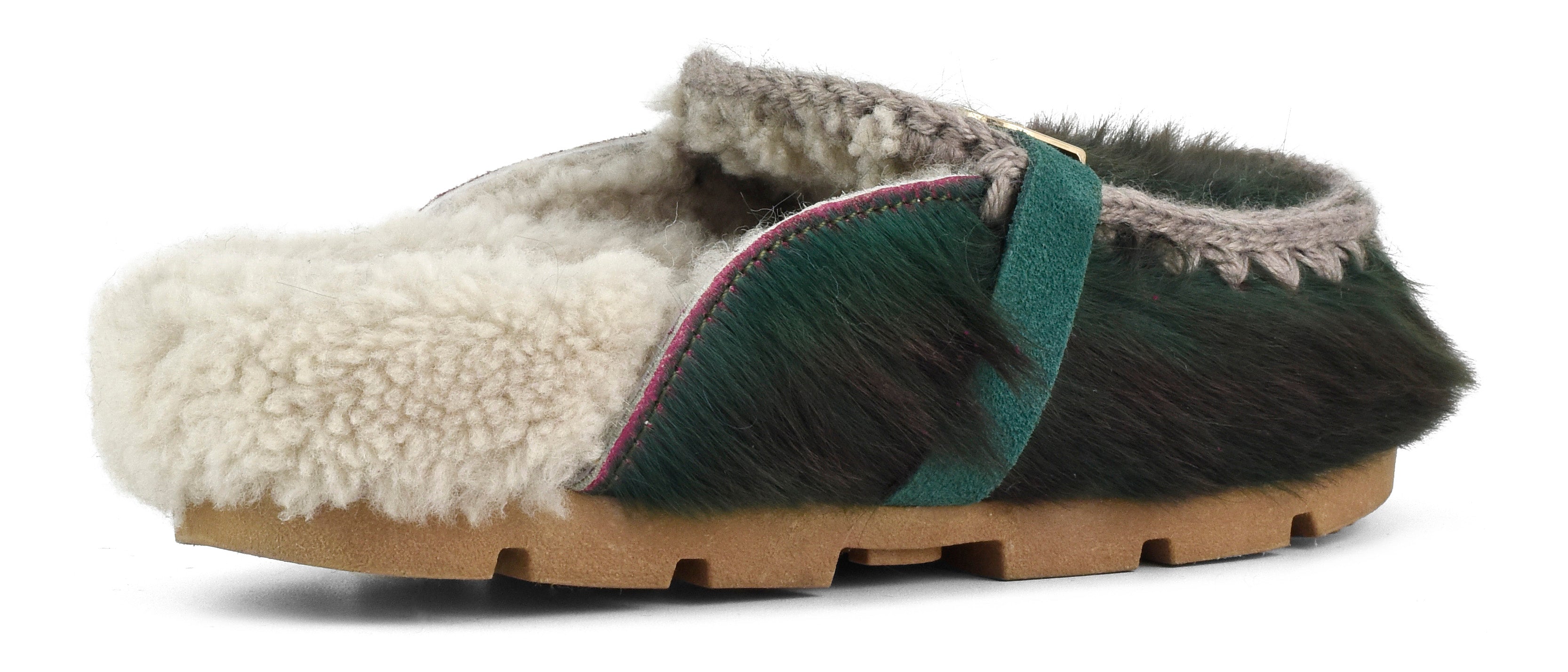 MOU Ciabatta Donna Winter Bio Slide Long Hair Ponyskin-Green