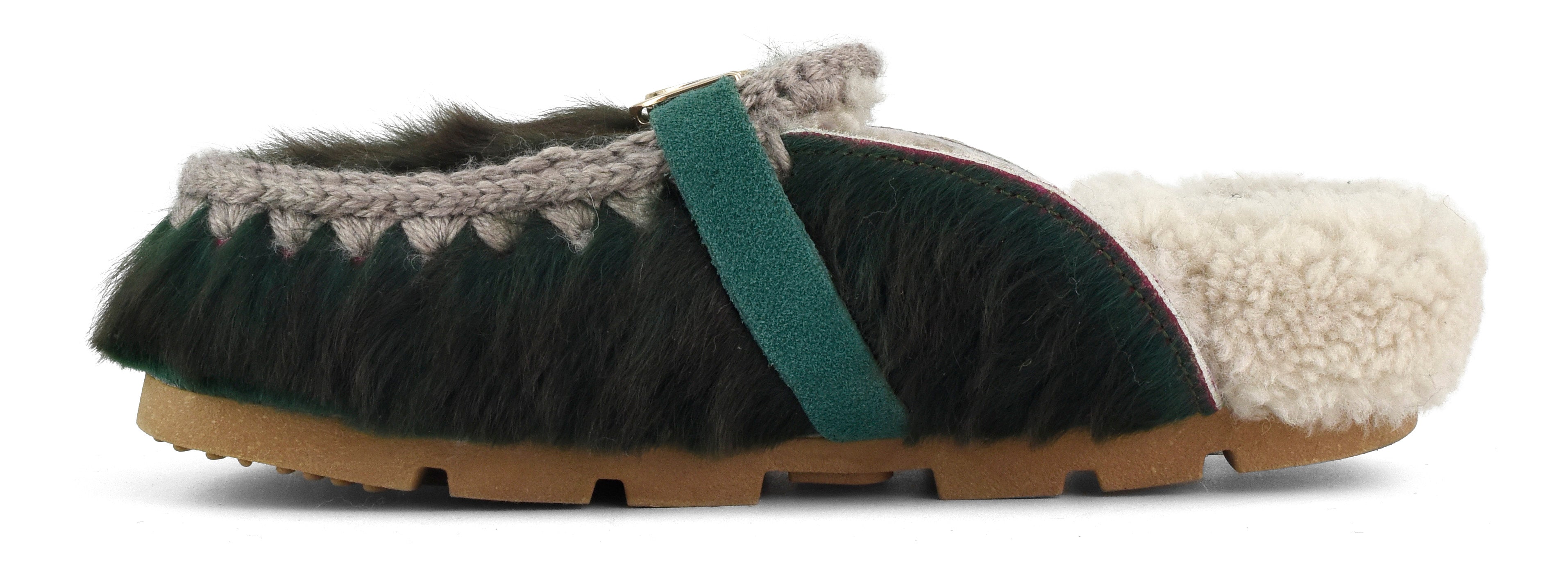 MOU Ciabatta Donna Winter Bio Slide Long Hair Ponyskin-Green