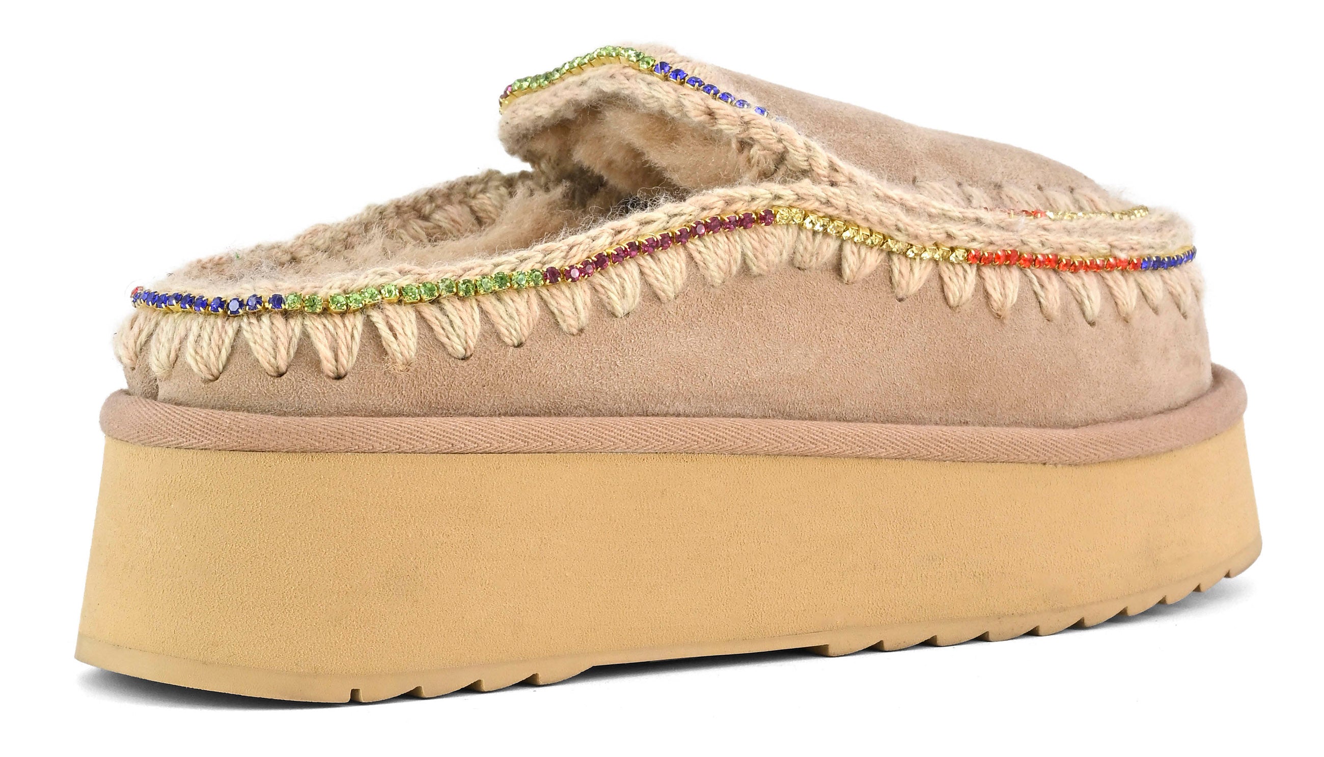 MOU Ciabatta Donna Clog Eskimo Platform Rhinestones-Camel