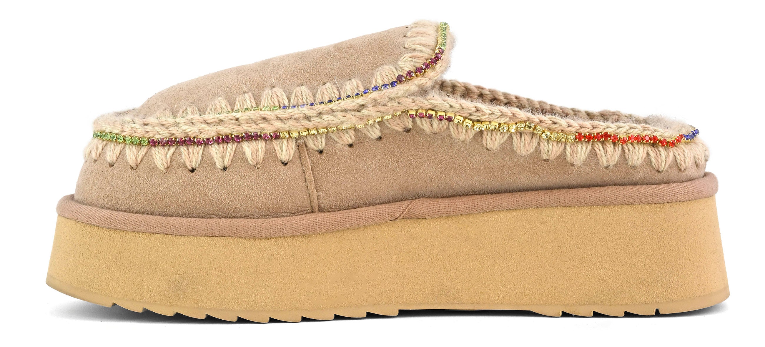 MOU Ciabatta Donna Clog Eskimo Platform Rhinestones-Camel