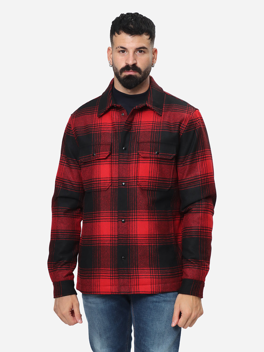 WOOLRICH Giubbino Camicia Uomo Alaskan Wool Check Overshirt-Red Check