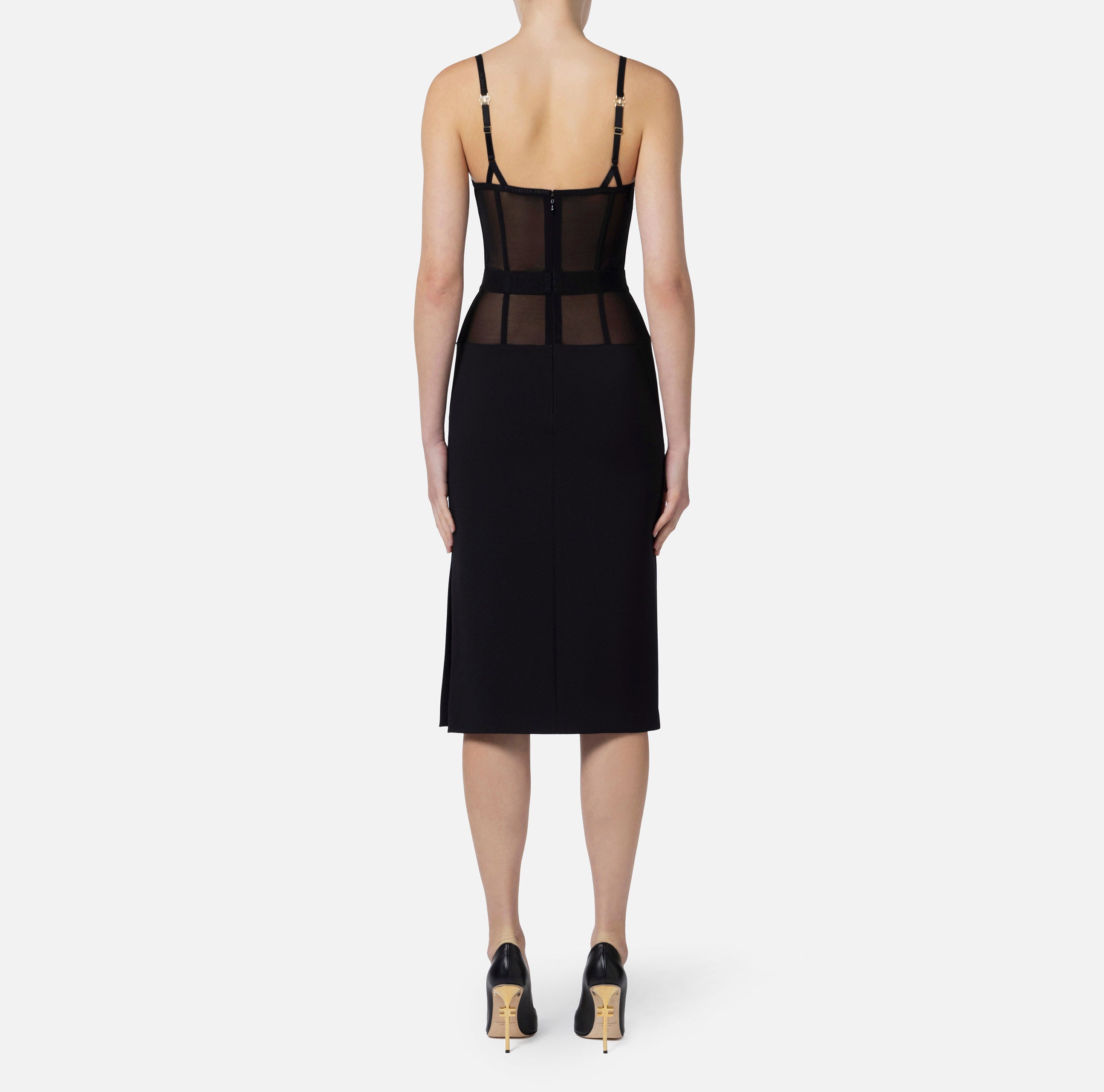 ELISABETTA FRANCHI Abito Tubino Midi Crêpe Tulle-Nero