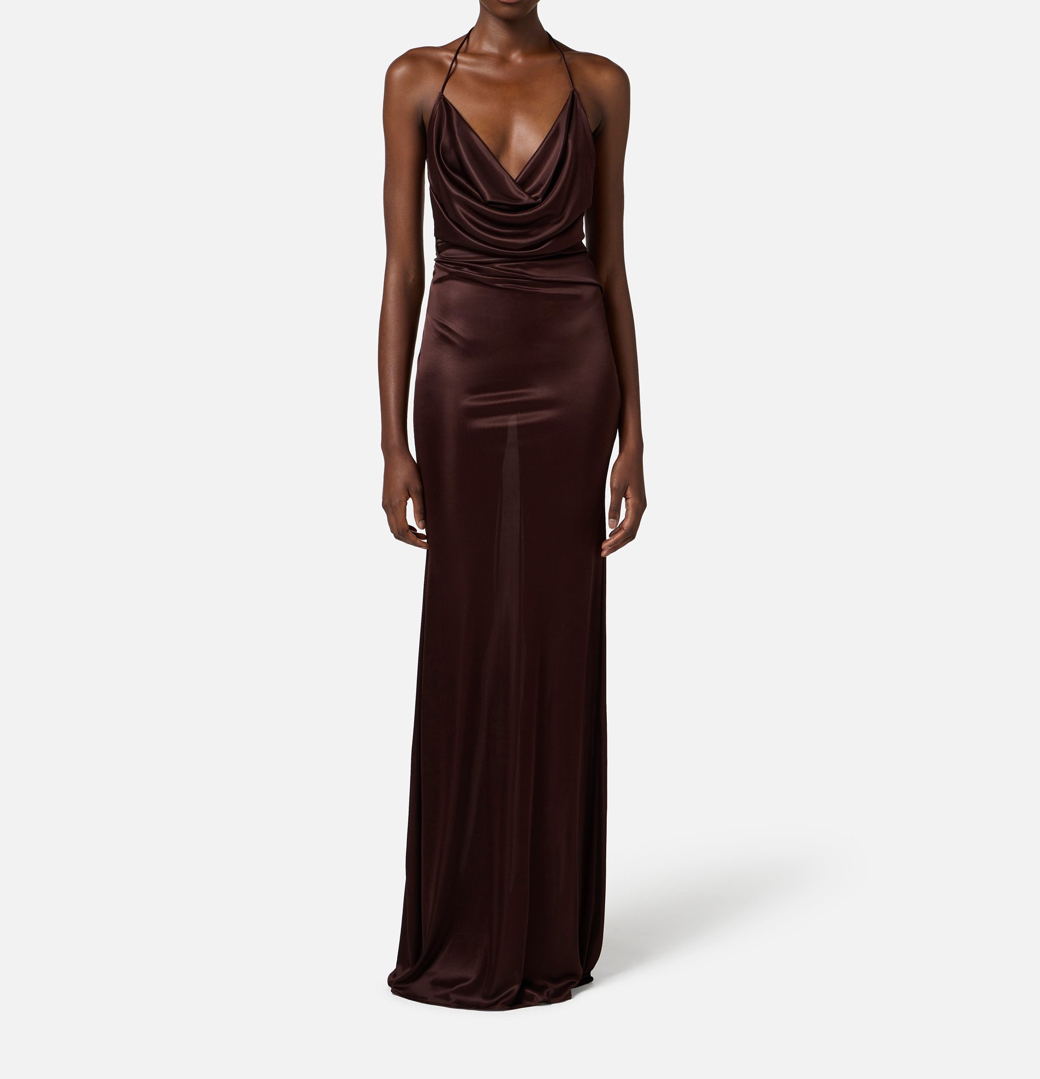 ELISABETTA FRANCHI Abito Red Carpet Jersey Schiena Nuda-Cacao