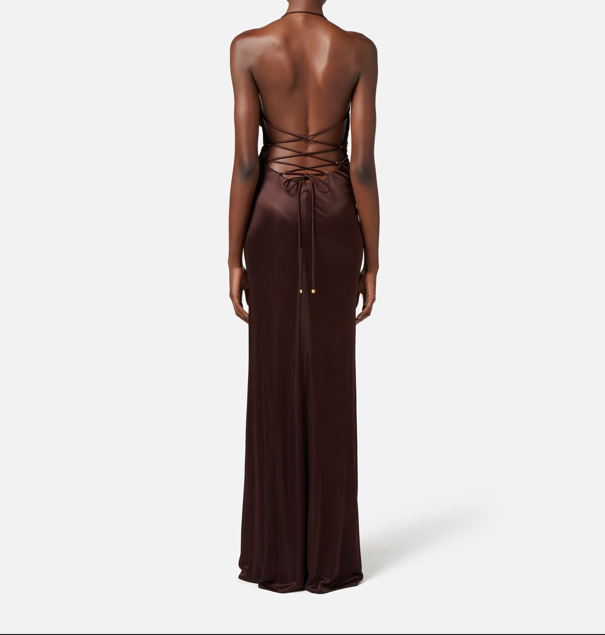 ELISABETTA FRANCHI Abito Red Carpet Jersey Schiena Nuda-Cacao