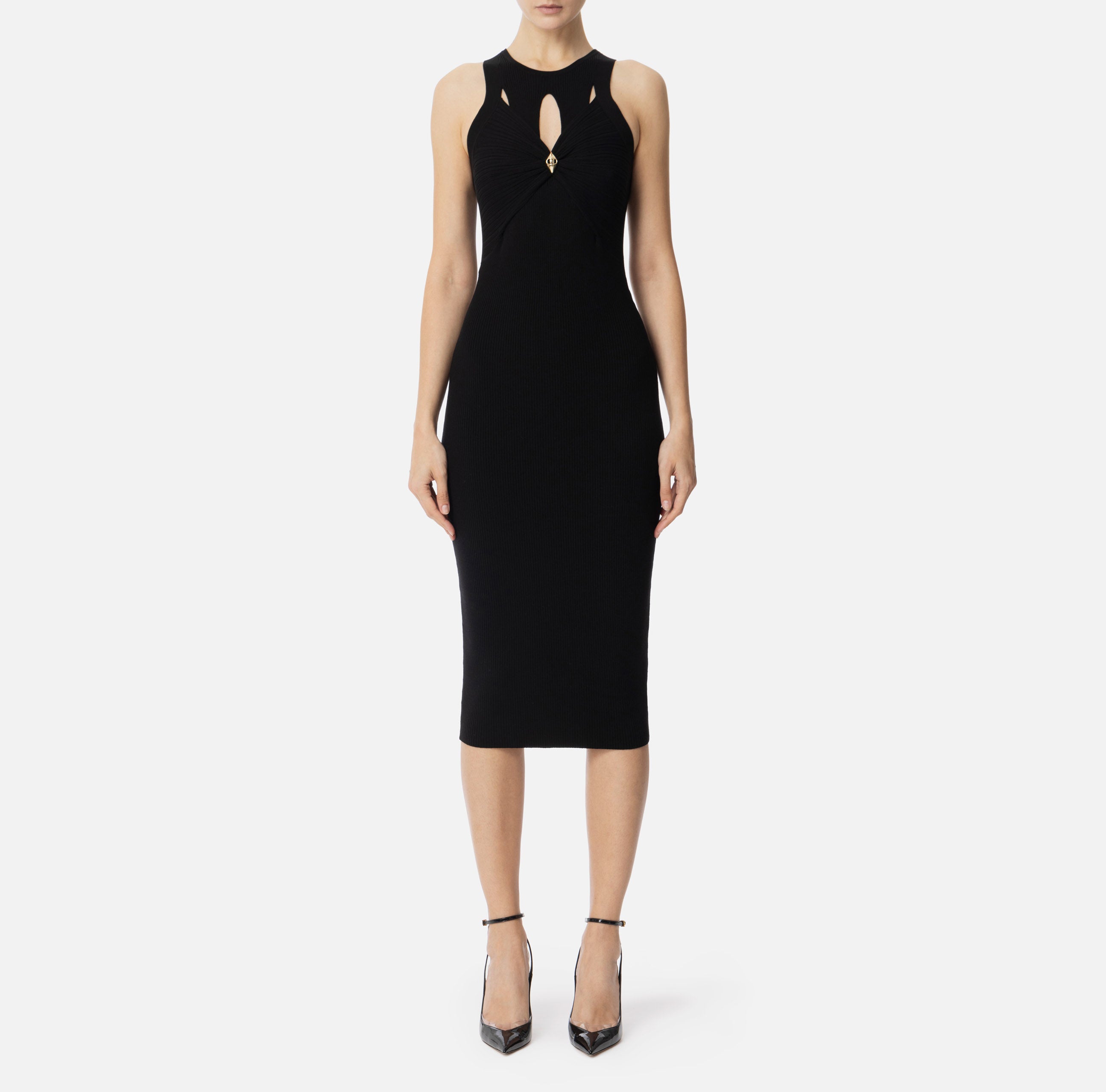 ELISABETTA FRANCHI Abito Midi Costine Cut Out-Nero