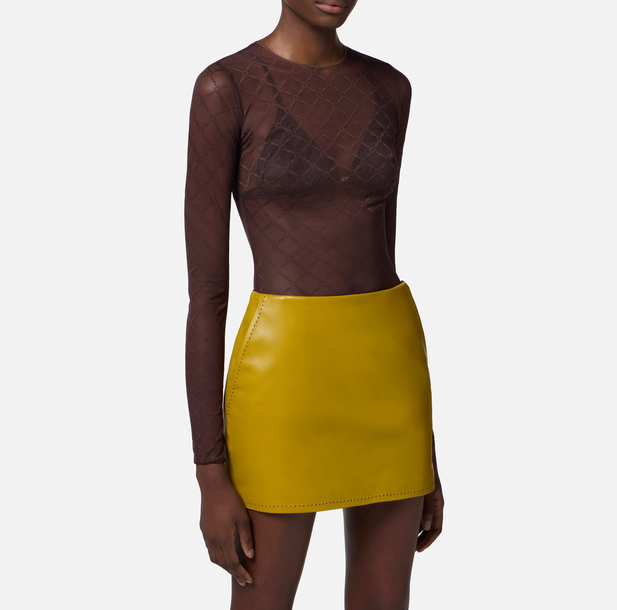 ELISABETTA FRANCHI Body Tulle Jacquard Logo-Cacao