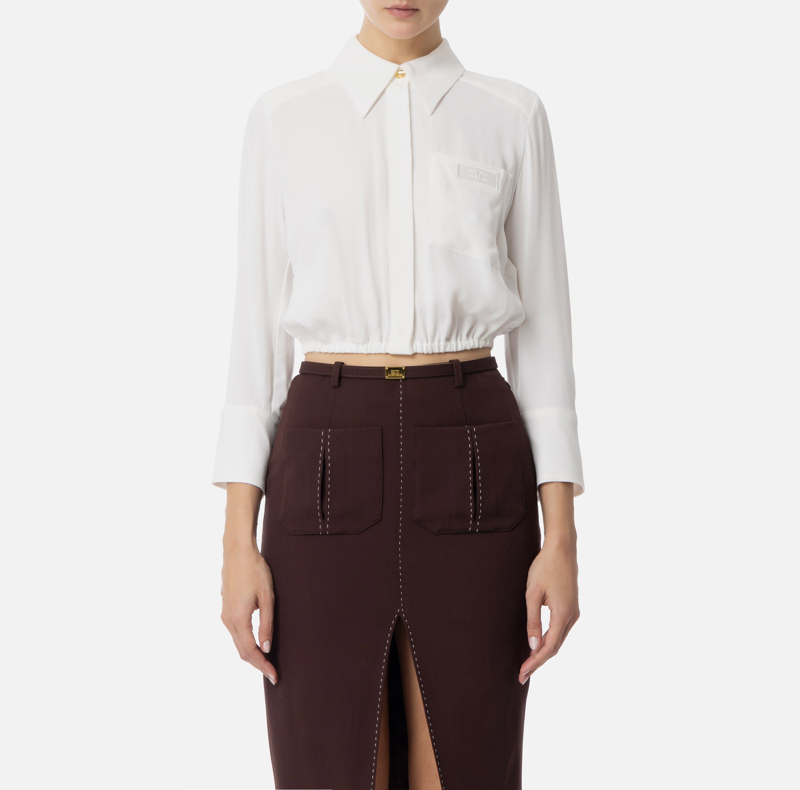 ELISABETTA FRANCHI Camicia Cropped Georgette-Avorio