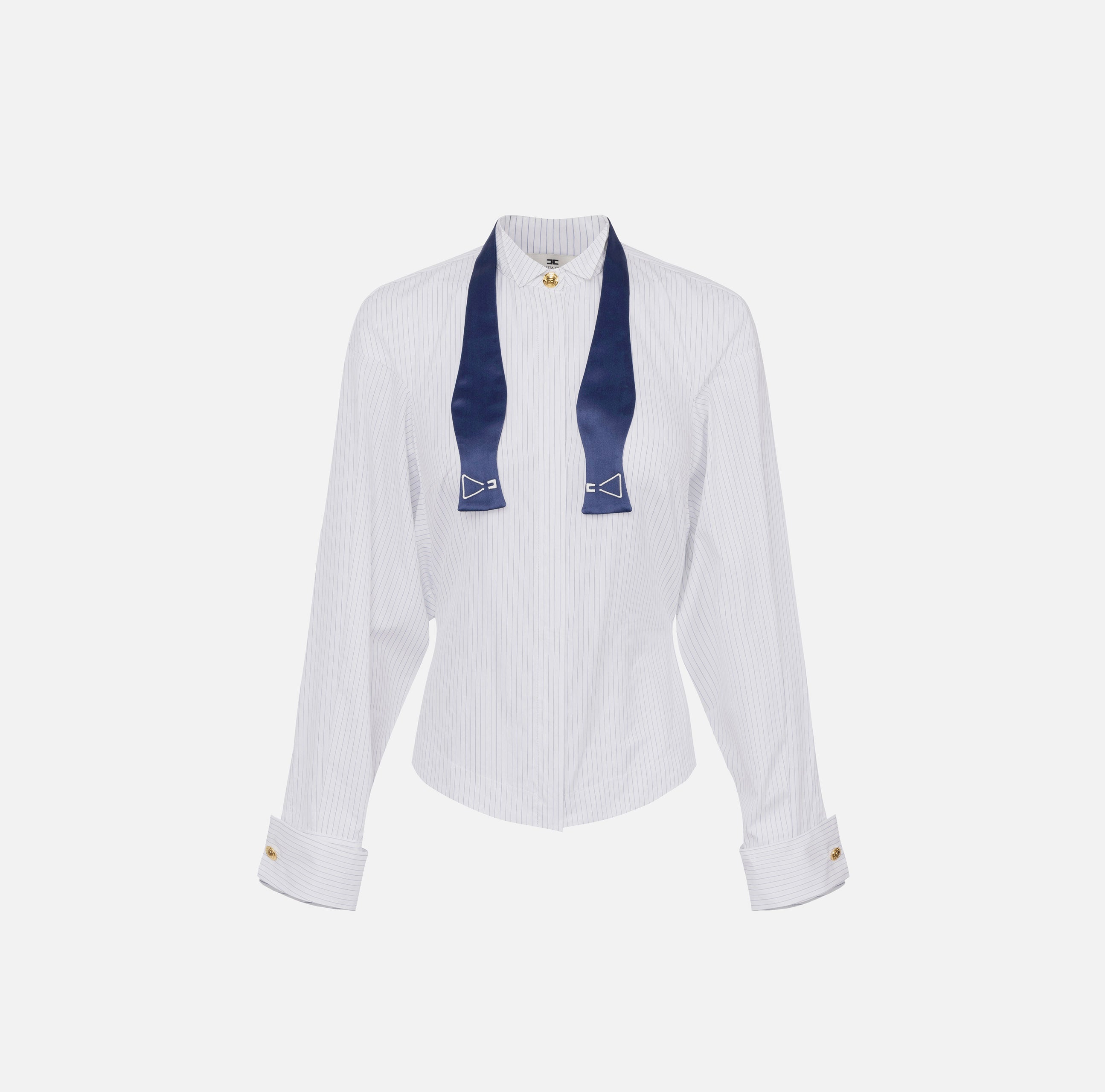 ELISABETTA FRANCHI Camicia Popeline Rigato Cravattino-Bianco Oltremare