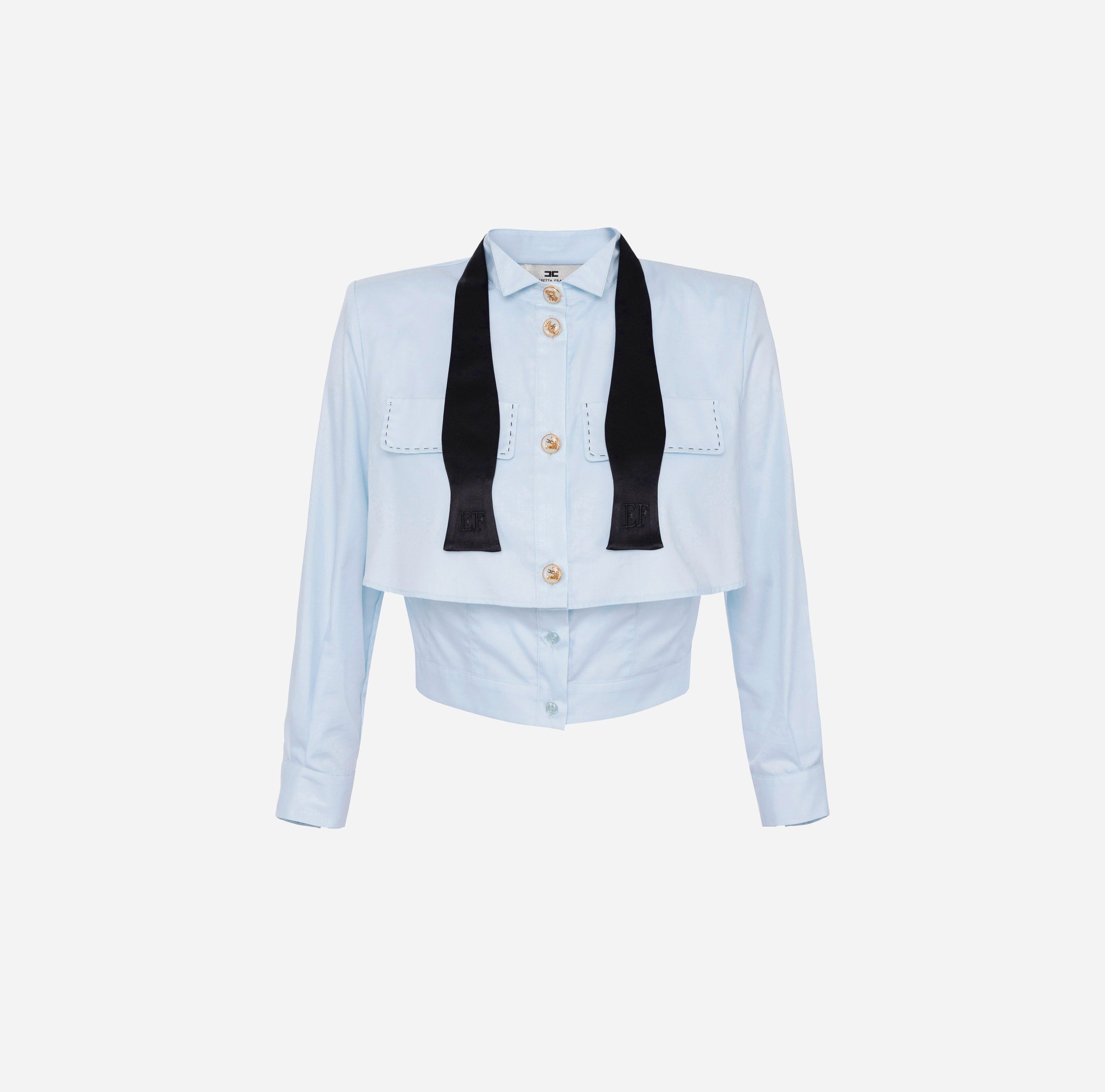 ELISABETTA FRANCHI Camicia Cropped Popeline Cravattino-Sky Blue Nero