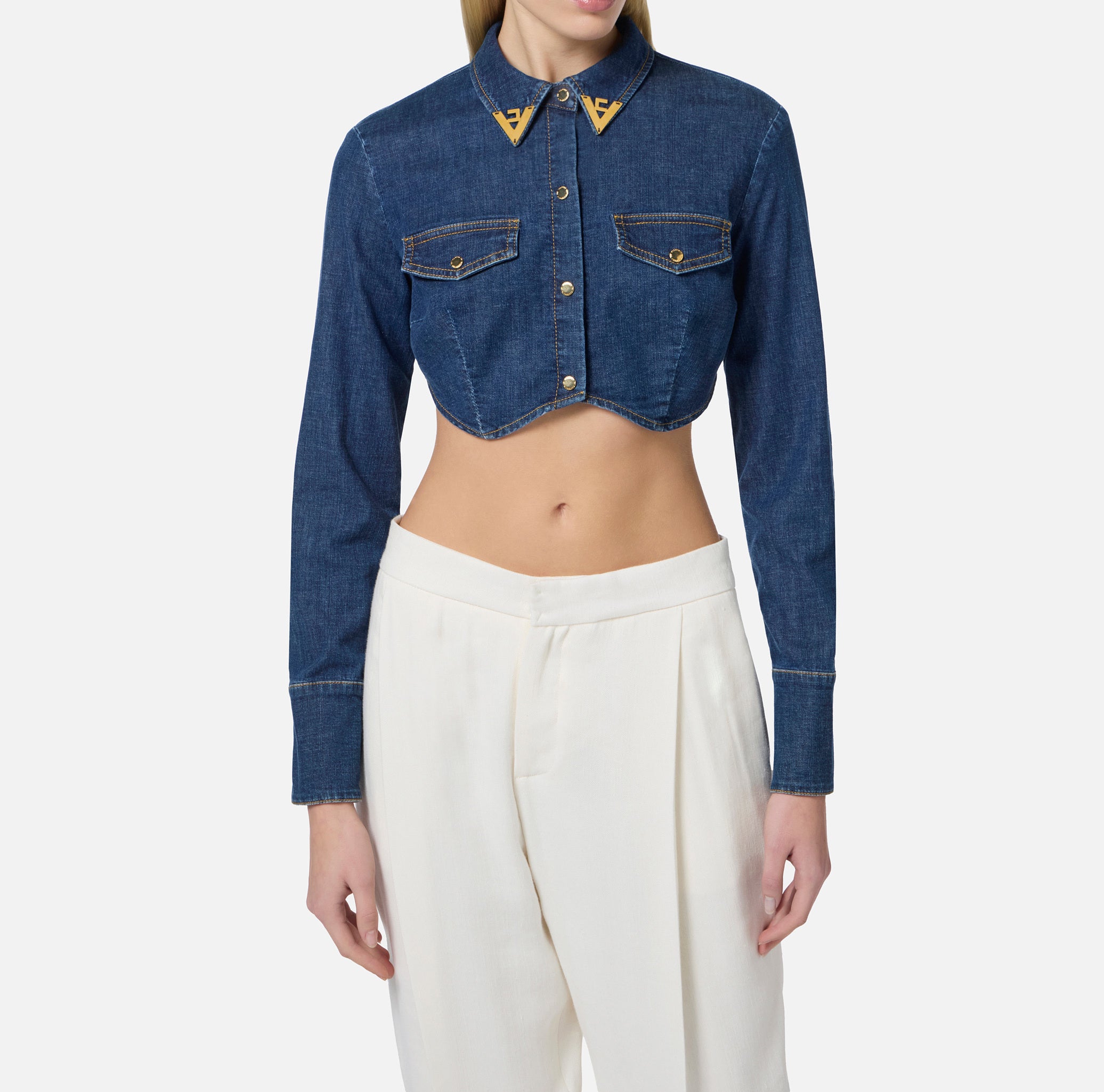 ELISABETTA FRANCHI Camicia Cropped Jeans-Blue Denim