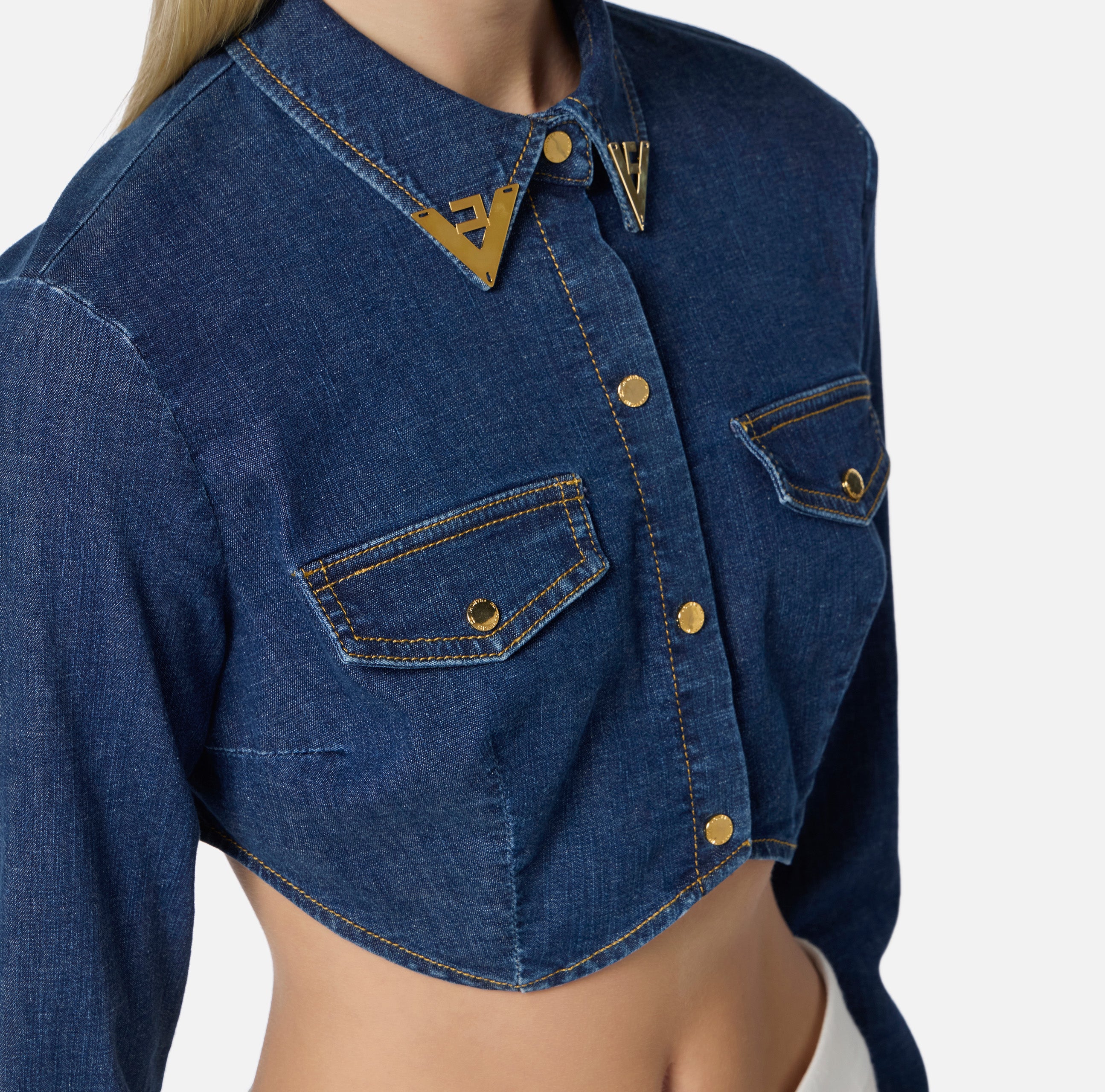 ELISABETTA FRANCHI Camicia Cropped Jeans-Blue Denim