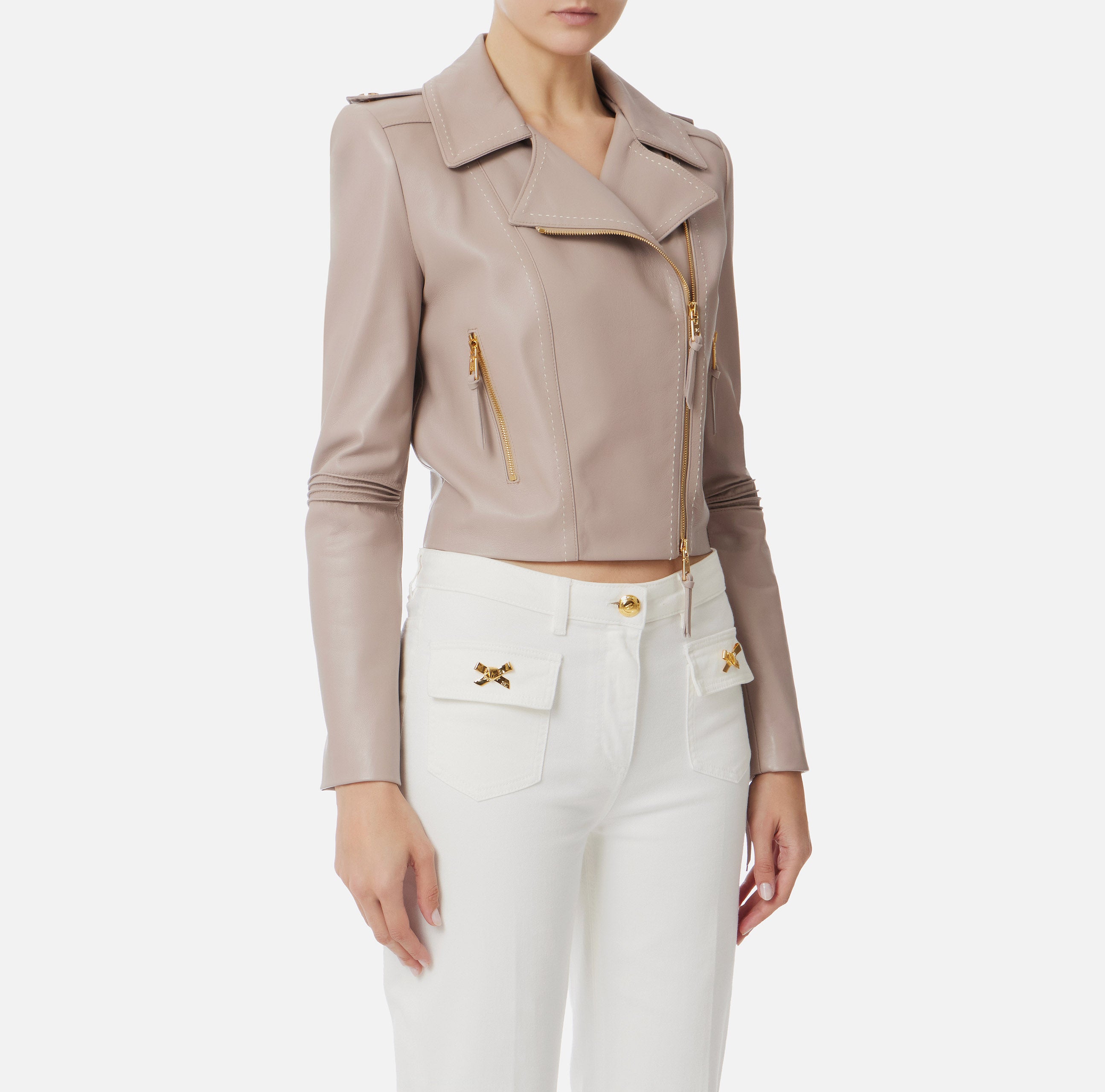 ELISABETTA FRANCHI Giacca Biker Pelle-Greige