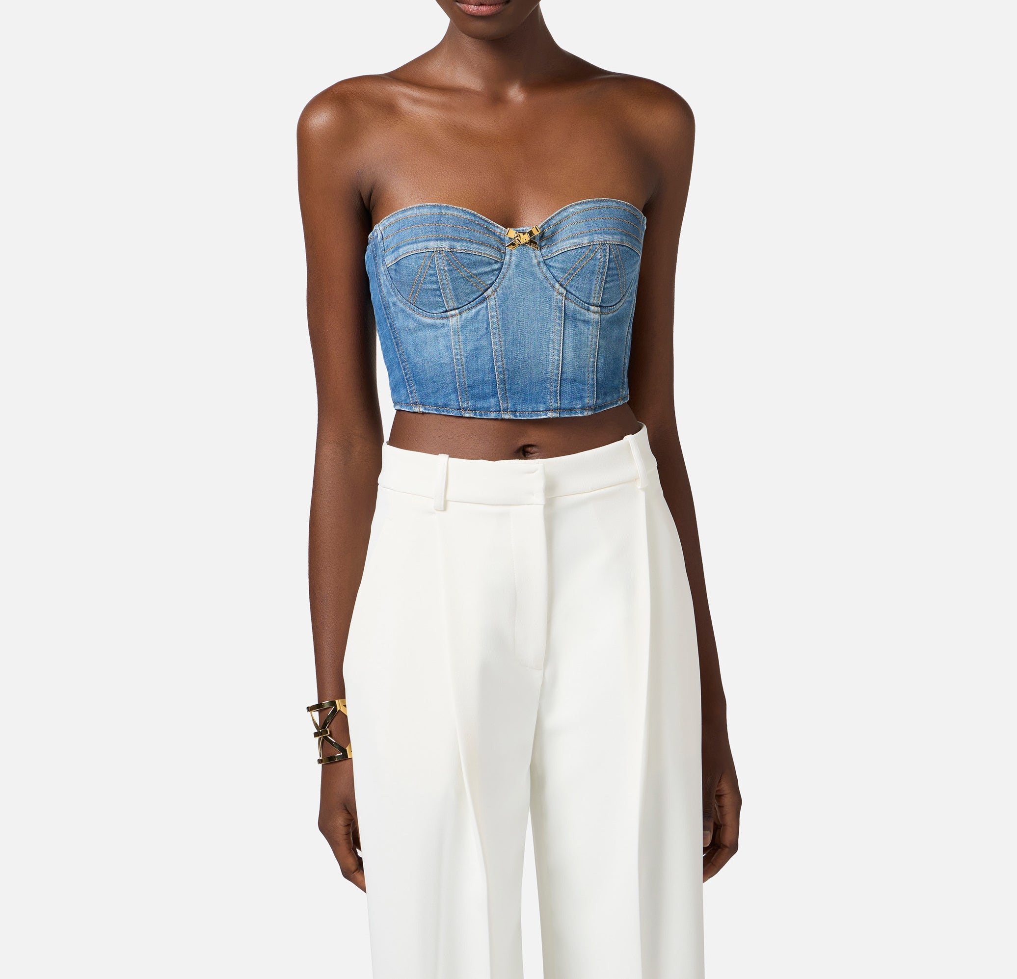 ELISABETTA FRANCHI Top Bustier Jeans-Blue Denim