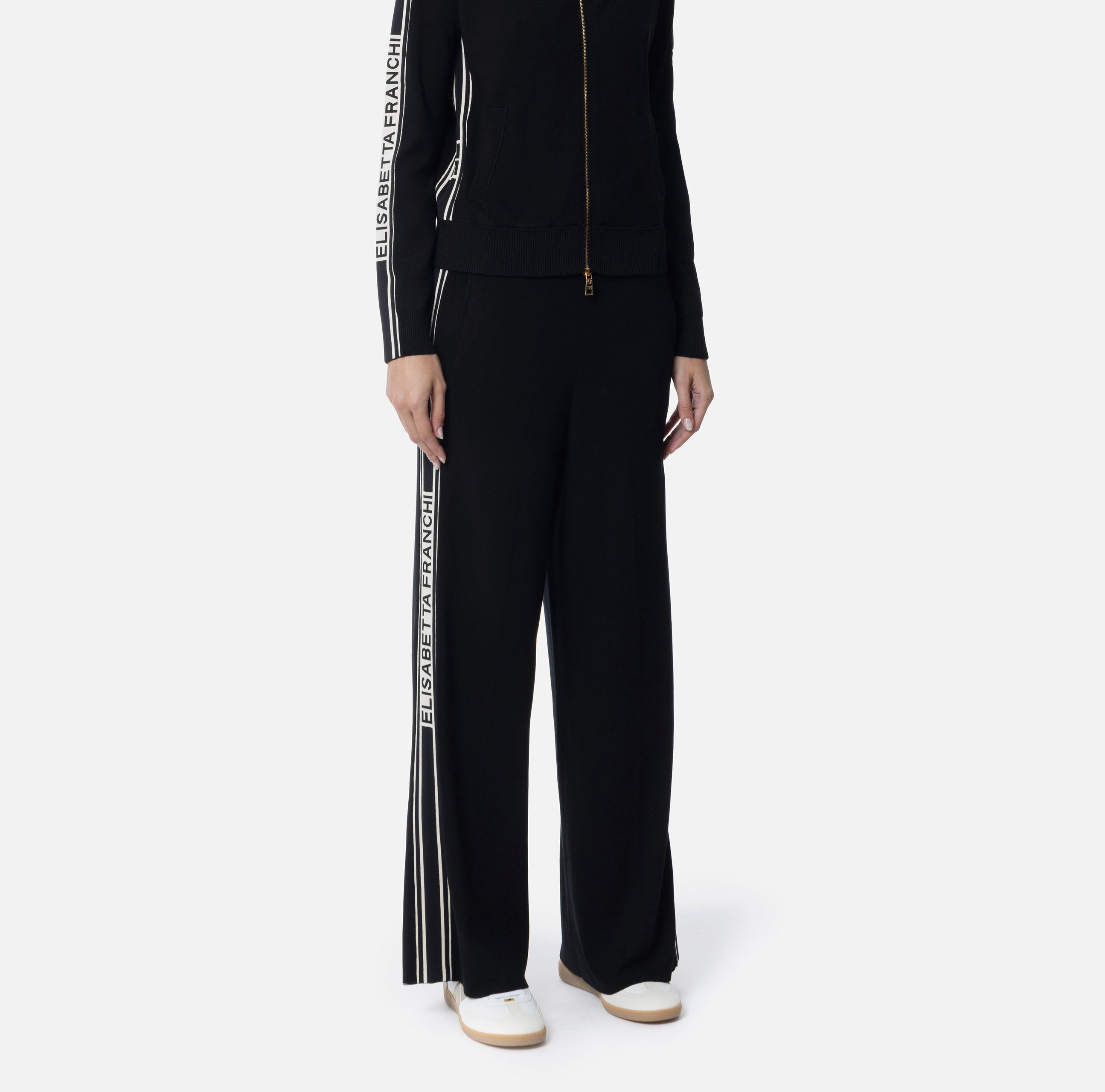 ELISABETTA FRANCHI Pantalone Palazzo Viscosa Bande Logo-Nero Burro