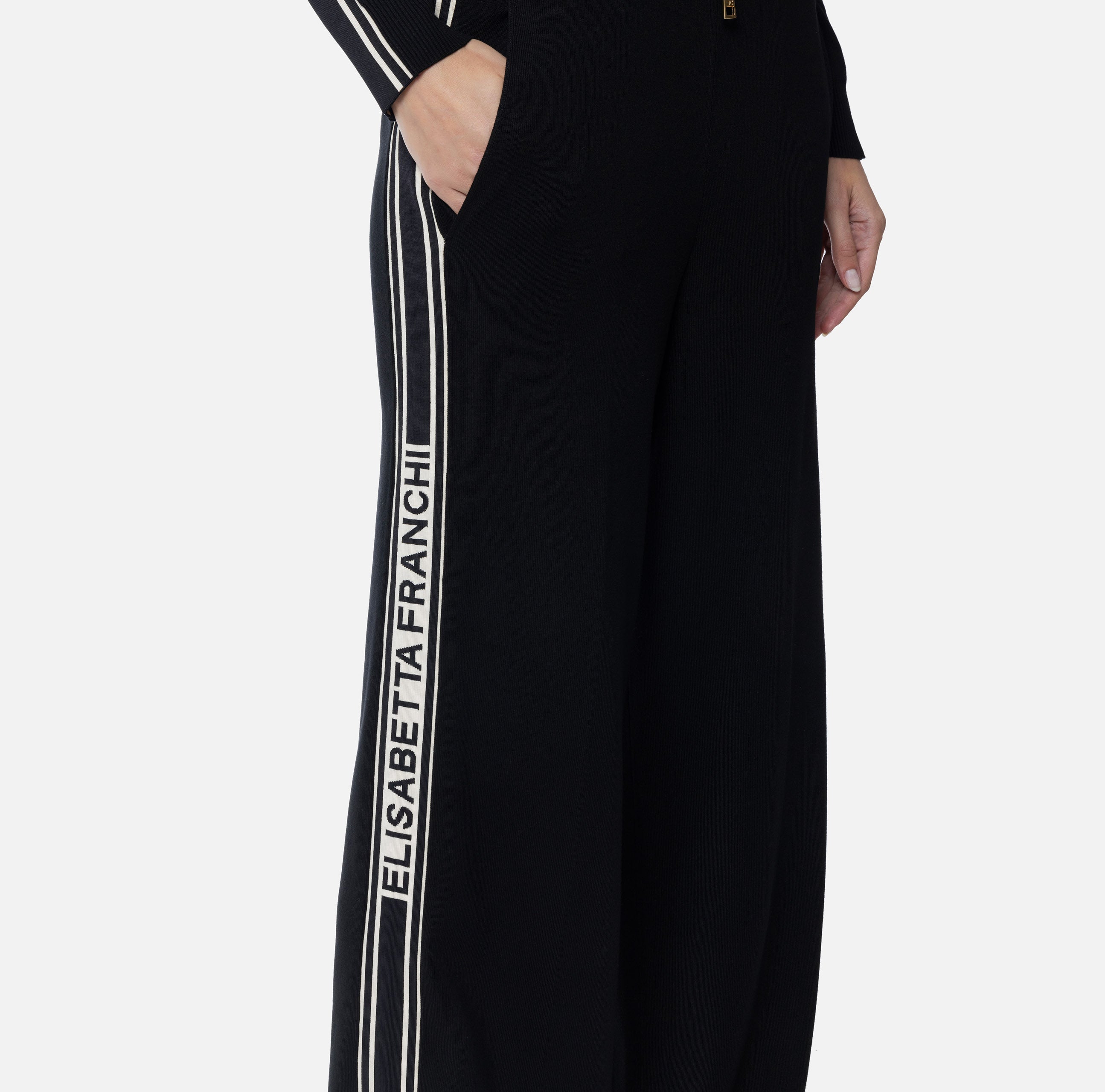 ELISABETTA FRANCHI Pantalone Palazzo Viscosa Bande Logo-Nero Burro