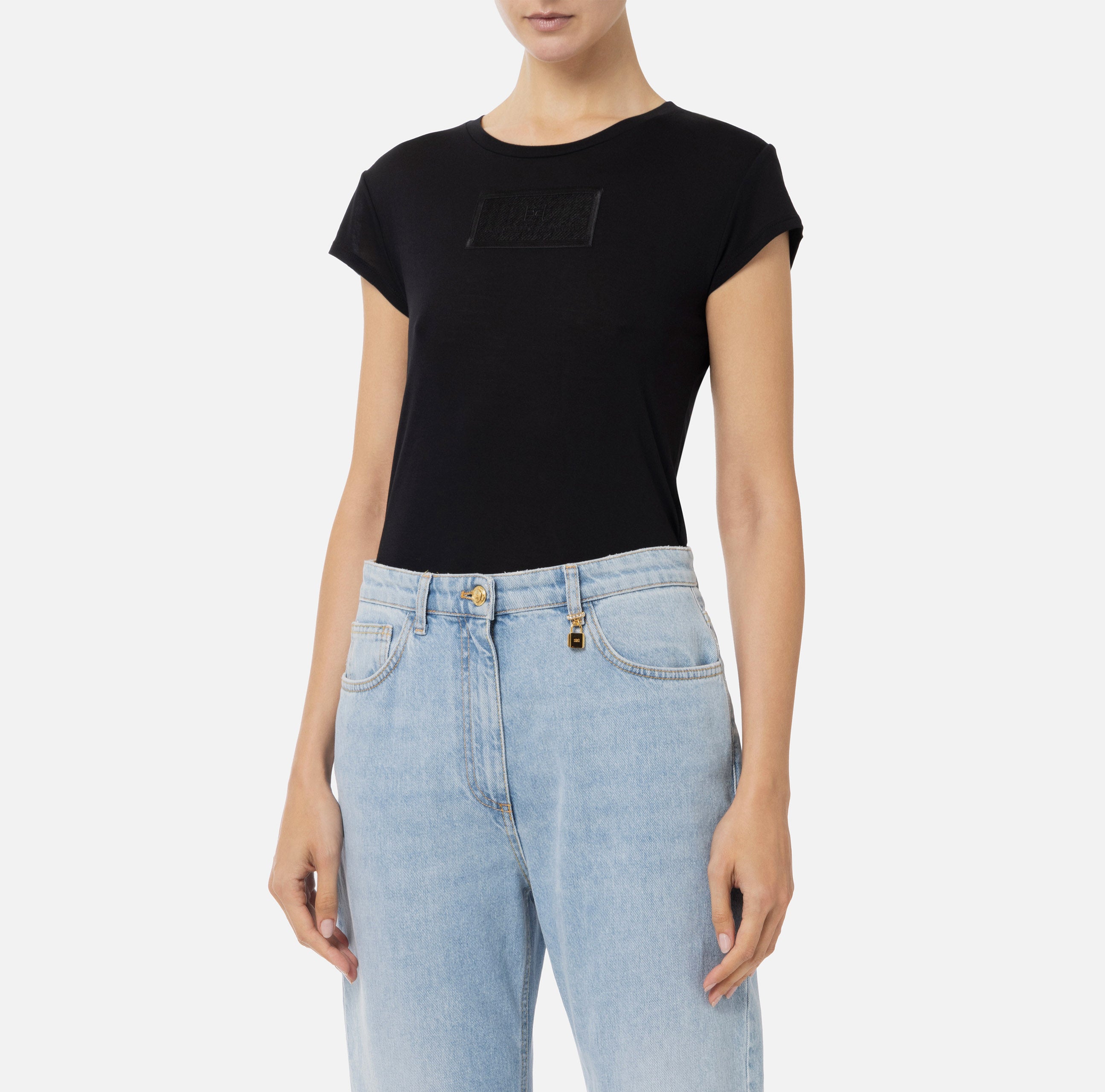 ELISABETTA FRANCHI T-Shirt Jersey Patch Logo-Nero