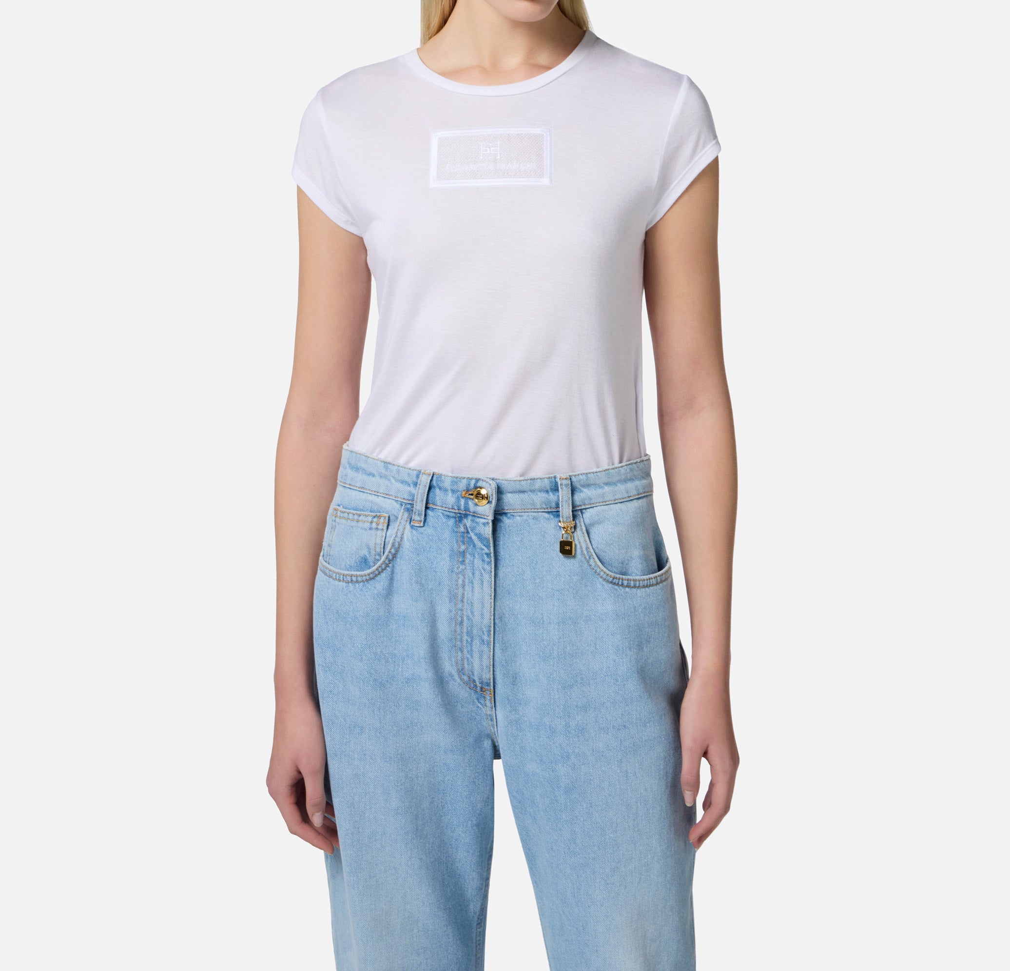 ELISABETTA FRANCHI T-Shirt Jersey Patch Logo-Gesso