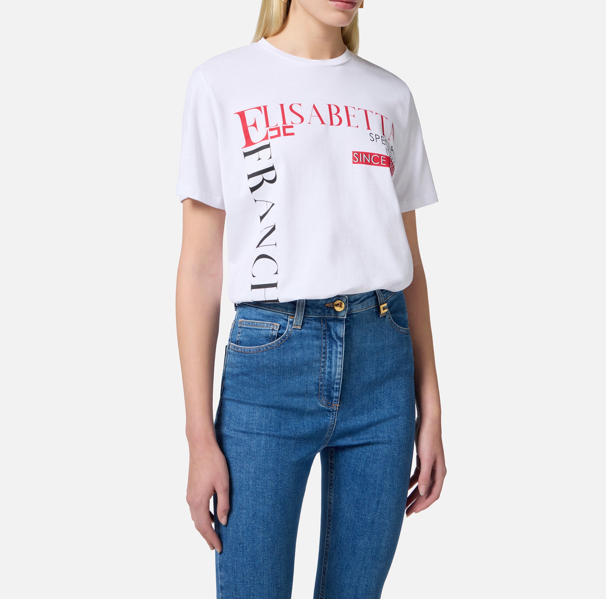 ELISABETTA FRANCHI T-Shirt Jersey Stampa Lettering-Gesso