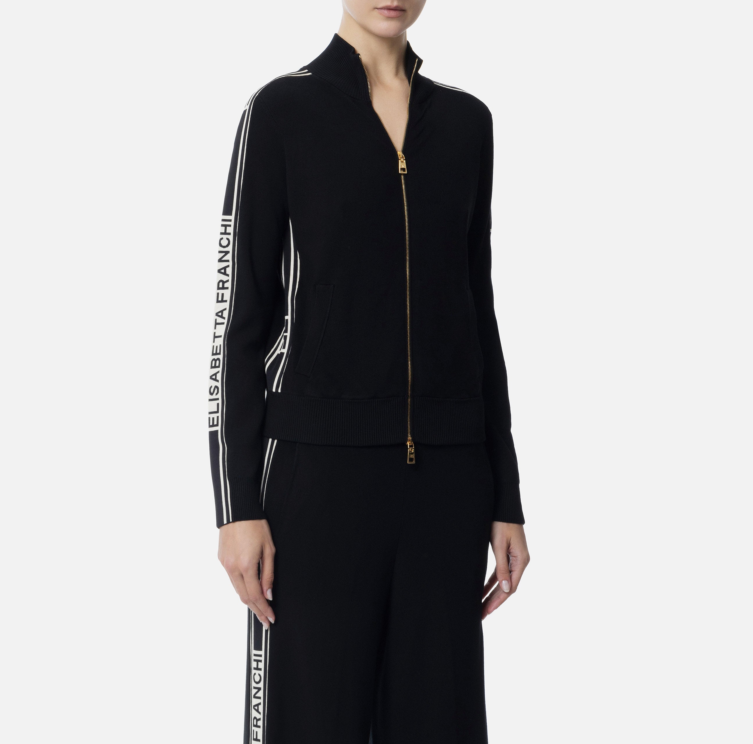 ELISABETTA FRANCHI Cardigan Viscosa Bande Logo-Nero Burro