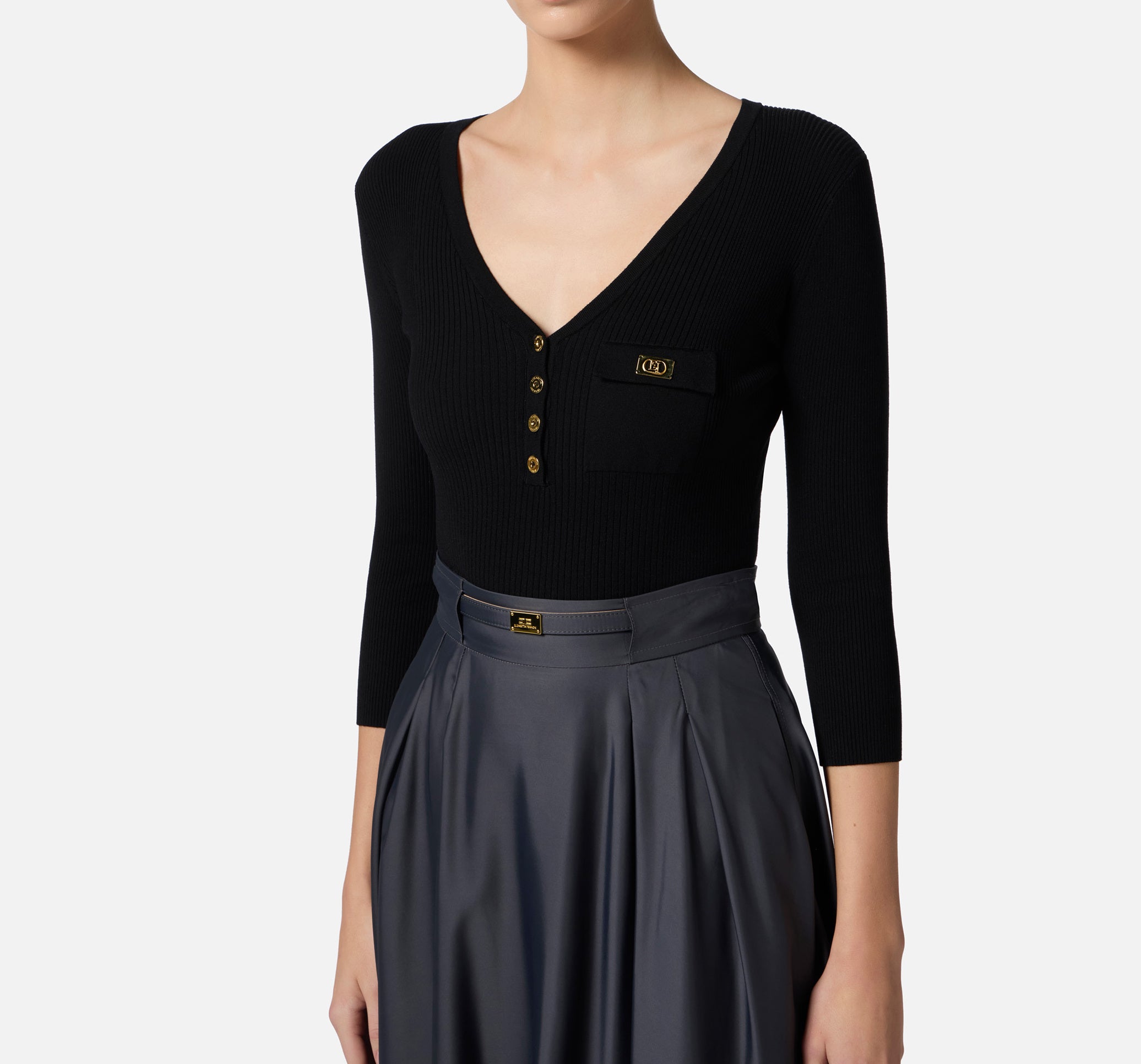 ELISABETTA FRANCHI Maglia Lyocell Seta Costine-Nero