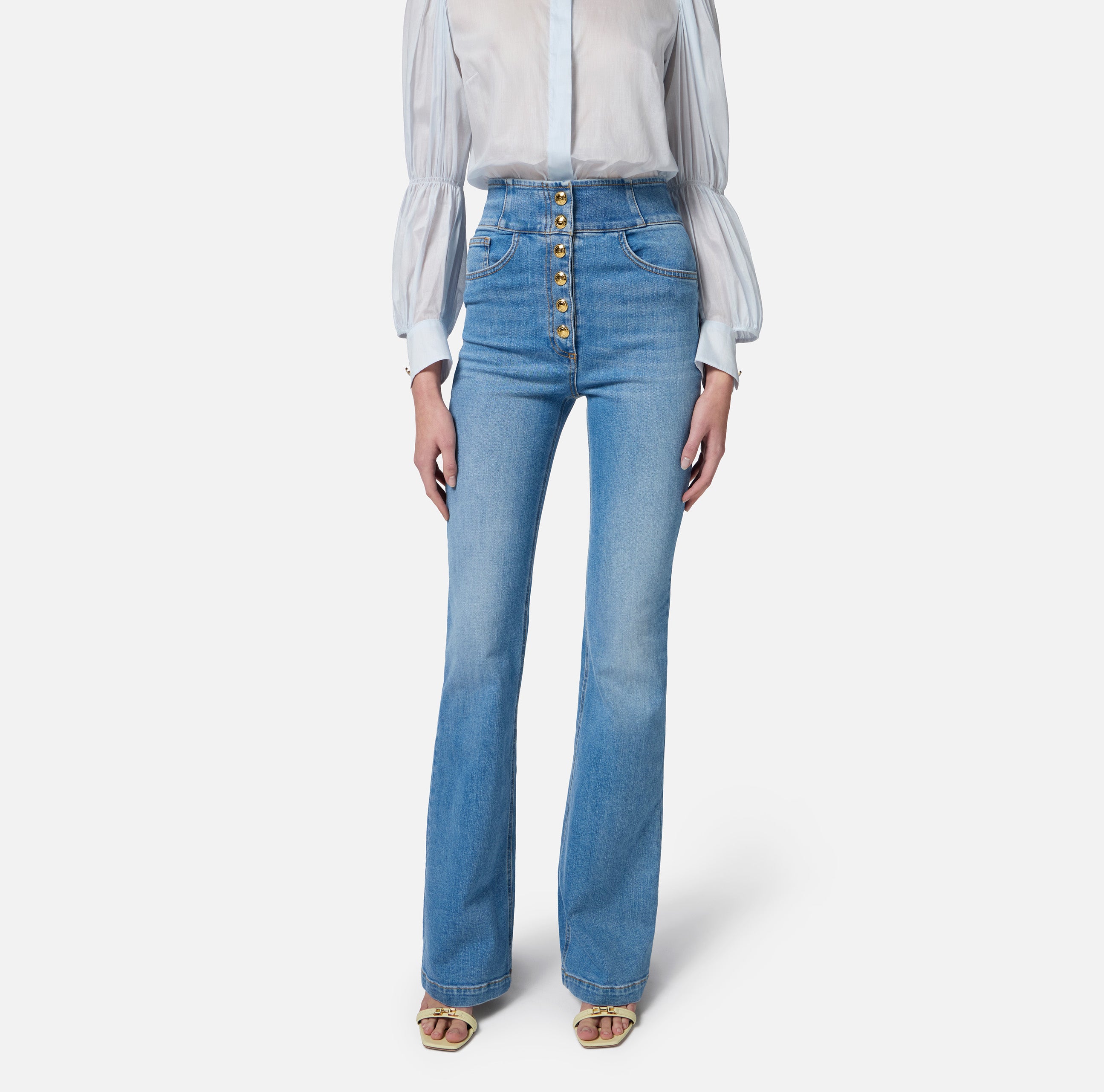 ELISABETTA FRANCHI Jeans Zampa Vita Alta Bottoni-Light Blue