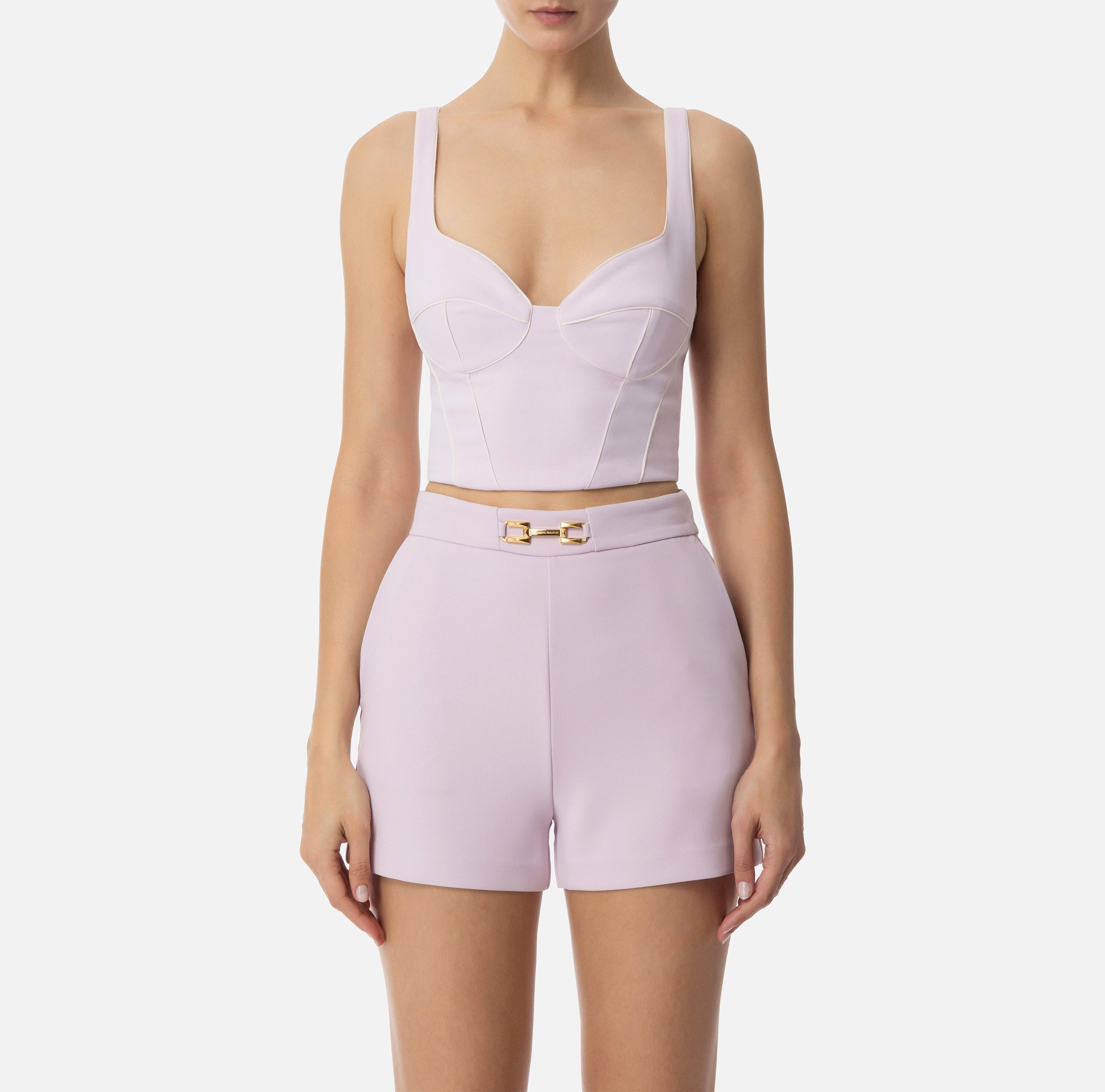 ELISABETTA FRANCHI Top Crêpe Piping Contrasto-Quarzo Burro