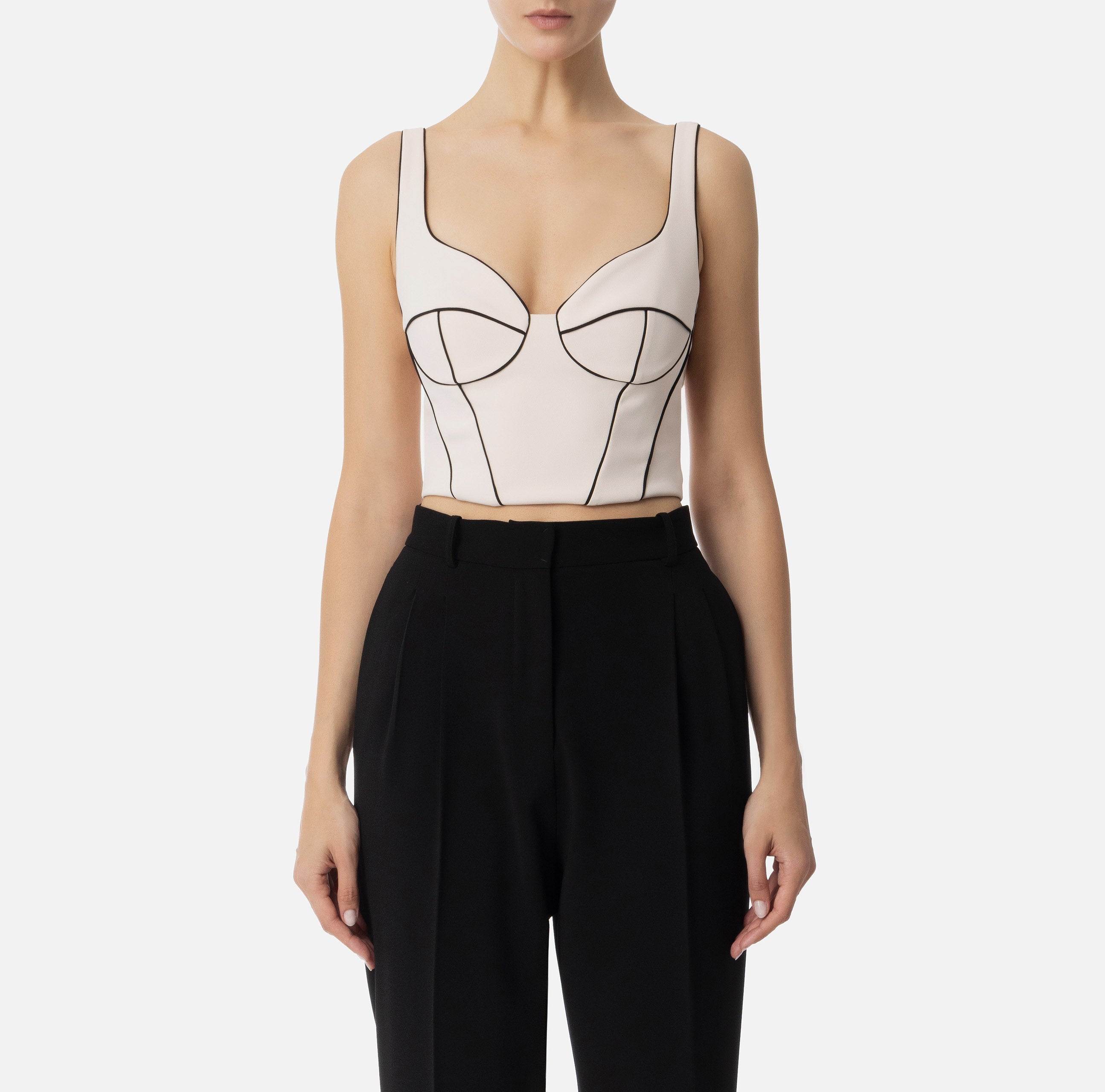 ELISABETTA FRANCHI Top Crêpe Piping Contrasto-Burro Nero