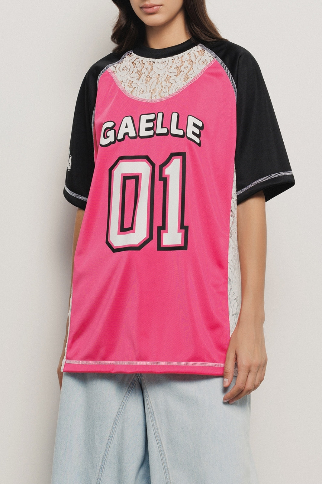 GAELLE PARIS T-Shirt Donna Inserto Pizzo-Rosa Nero