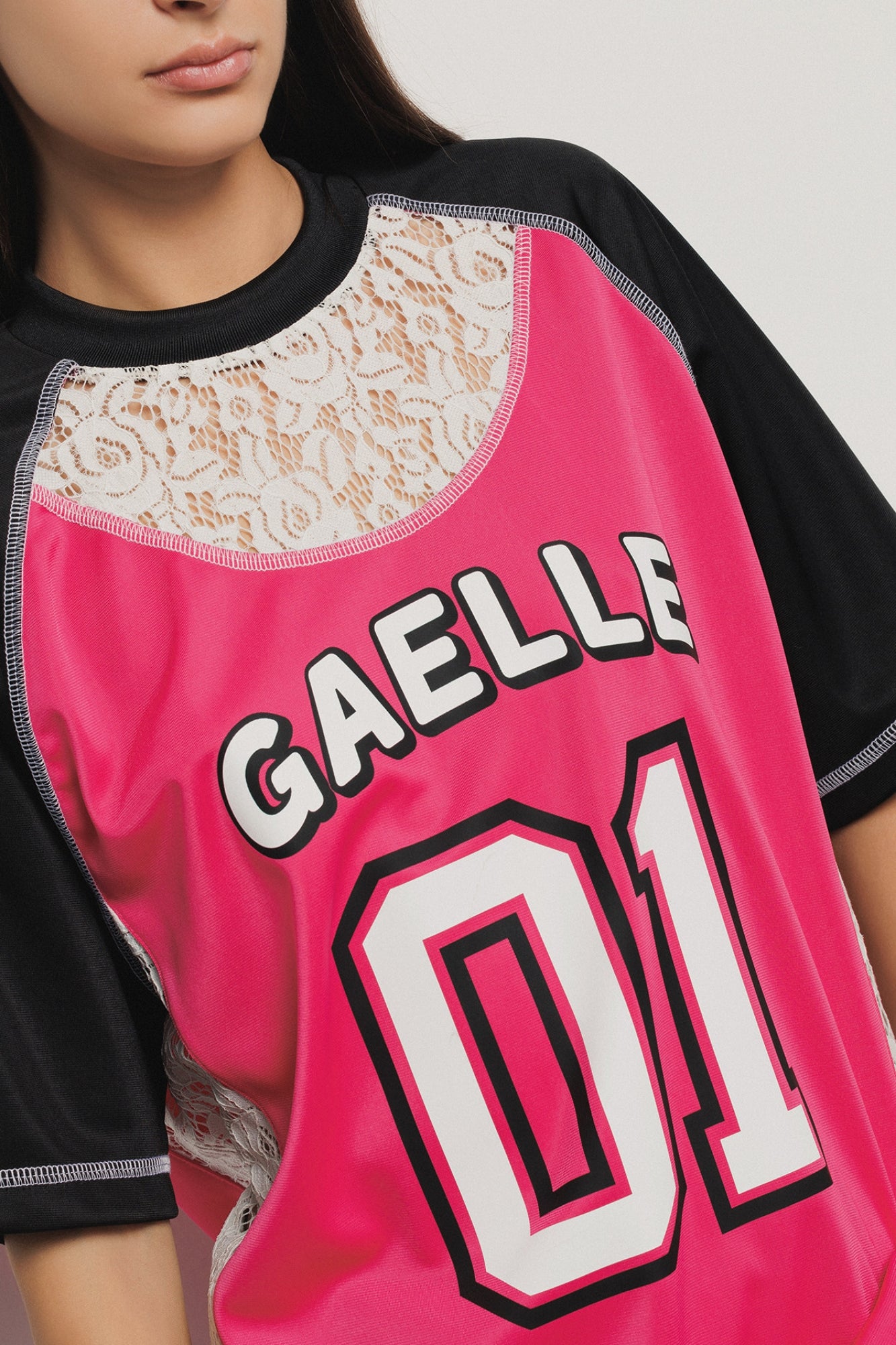 GAELLE PARIS T-Shirt Donna Inserto Pizzo-Rosa Nero