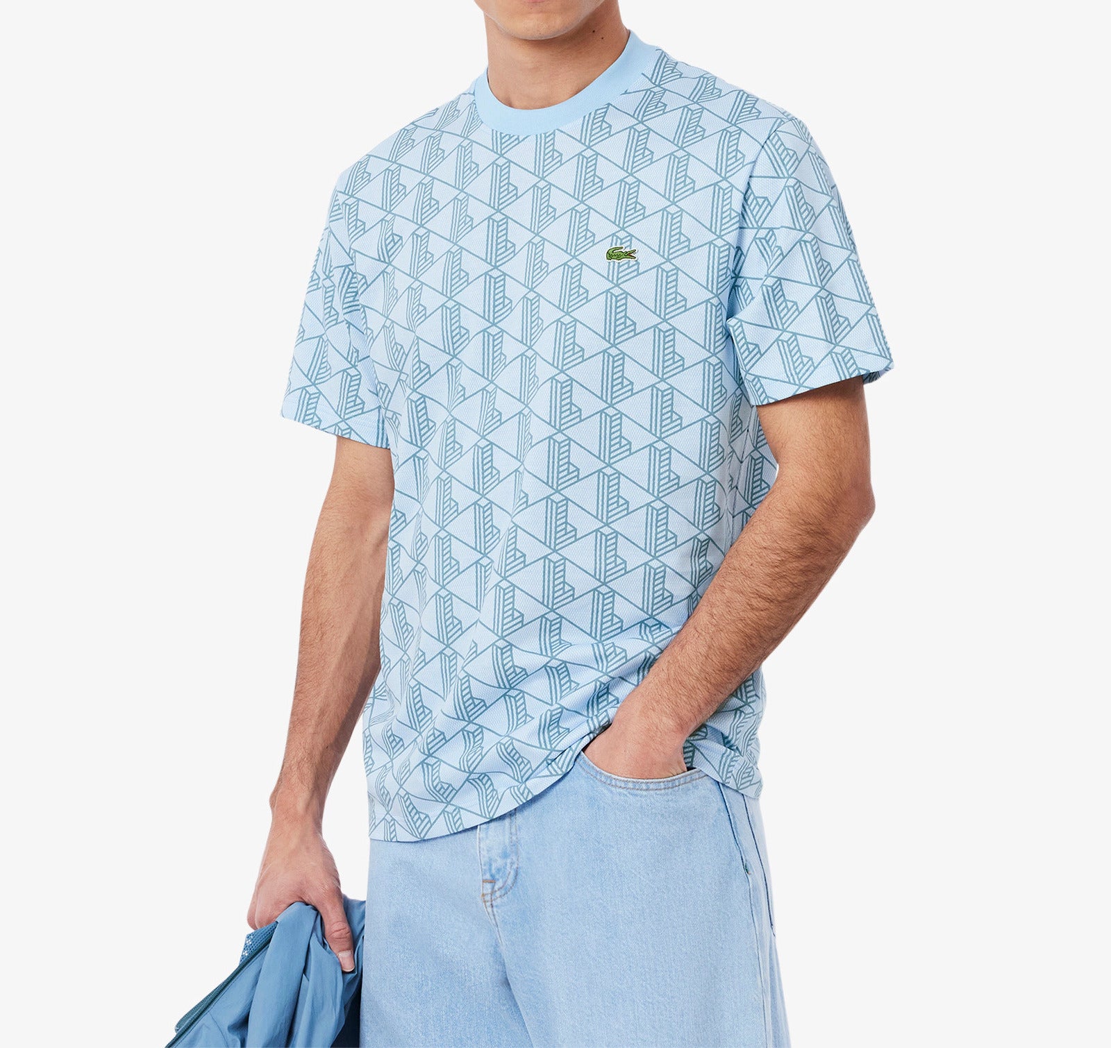 LACOSTE T-Shirt Uomo Cotone Monogram-Blu Azzurro