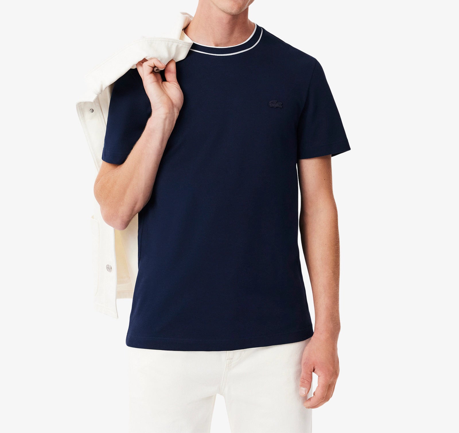 LACOSTE T-Shirt Uomo Colletto Righe-Blu Navy